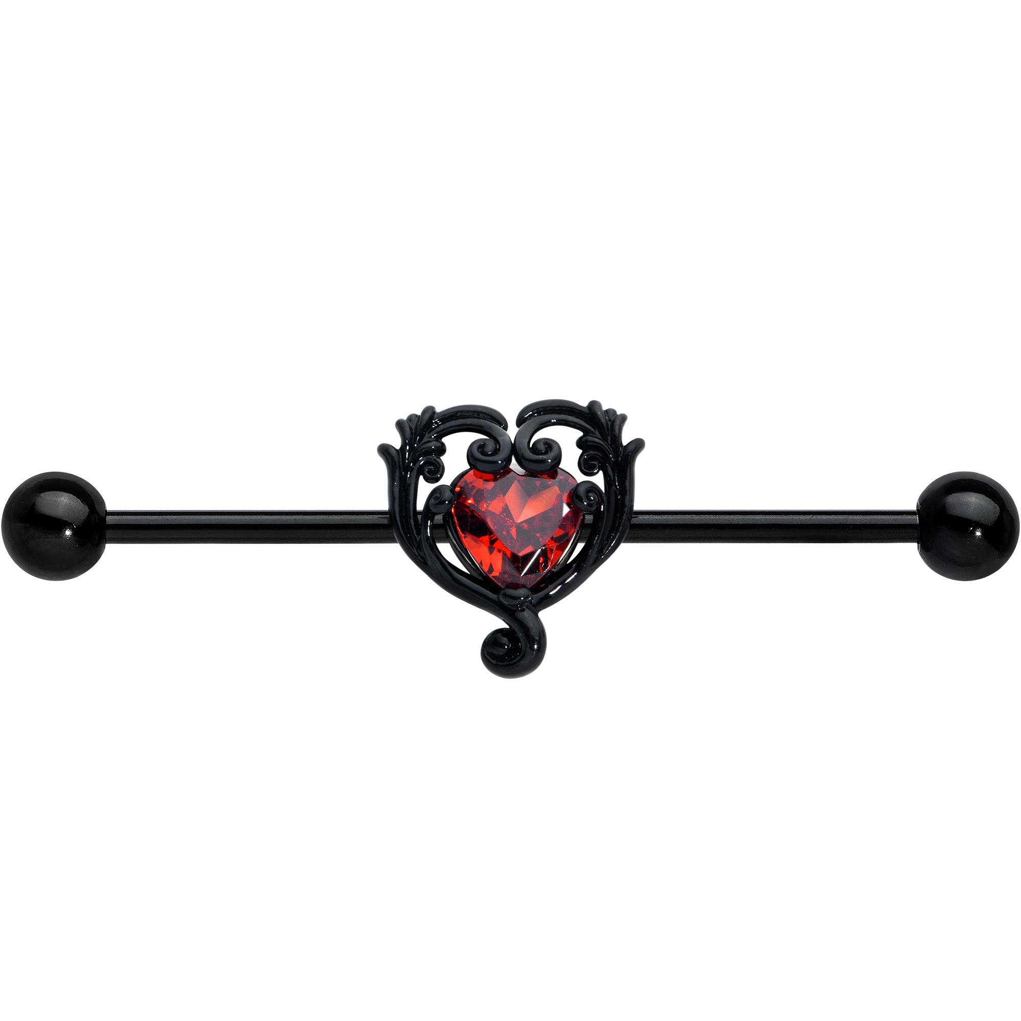 14 Gauge Red CZ Gem Black Passion Heart Industrial Barbell 38mm