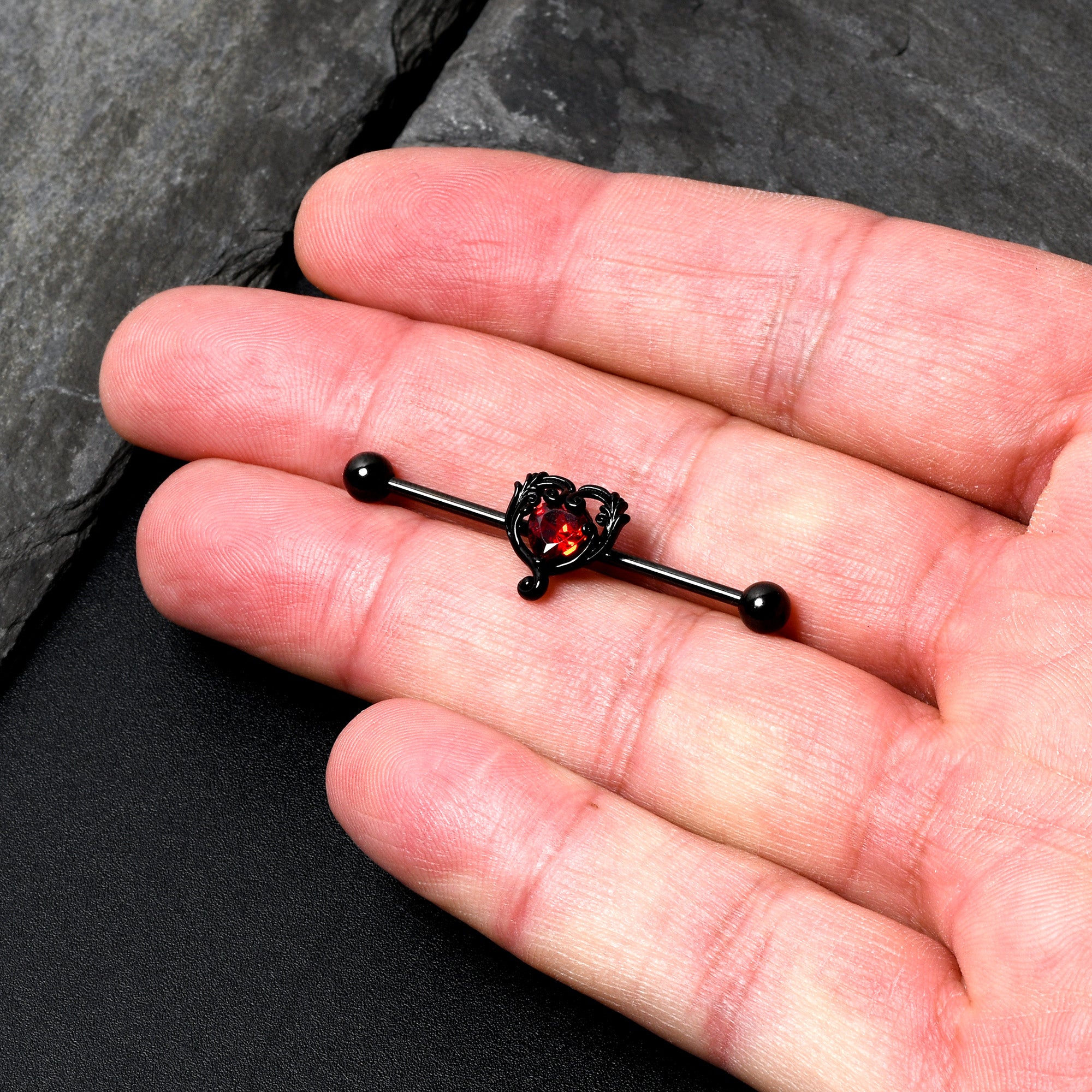 14 Gauge Red CZ Gem Black Passion Heart Industrial Barbell 38mm