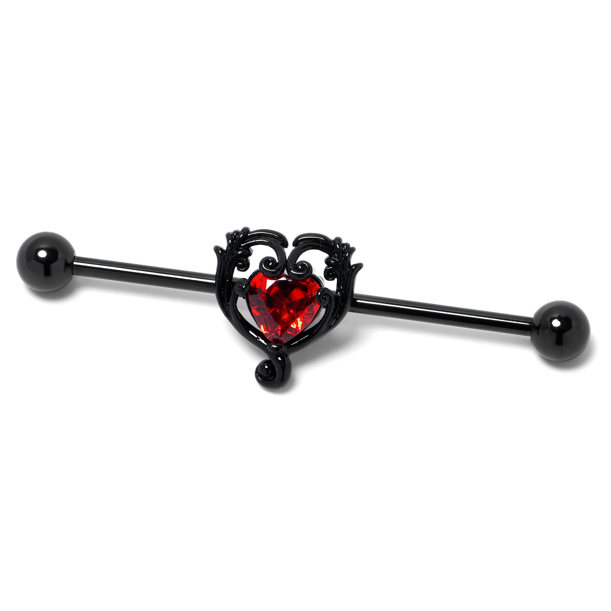 14 Gauge Red CZ Gem Black Passion Heart Industrial Barbell 38mm