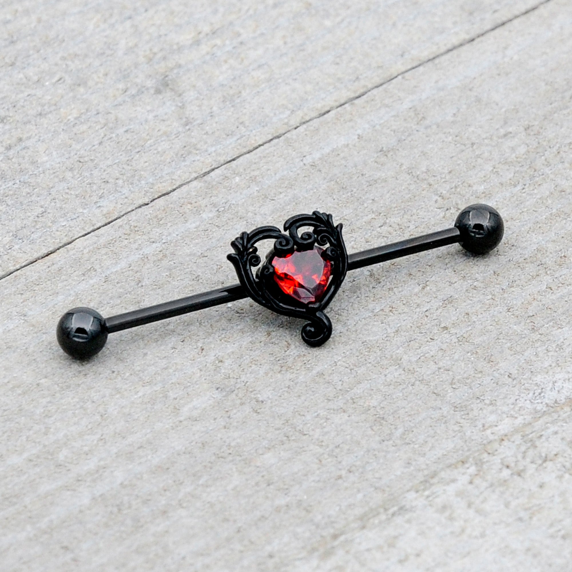 14 Gauge Red CZ Gem Black Passion Heart Industrial Barbell 38mm