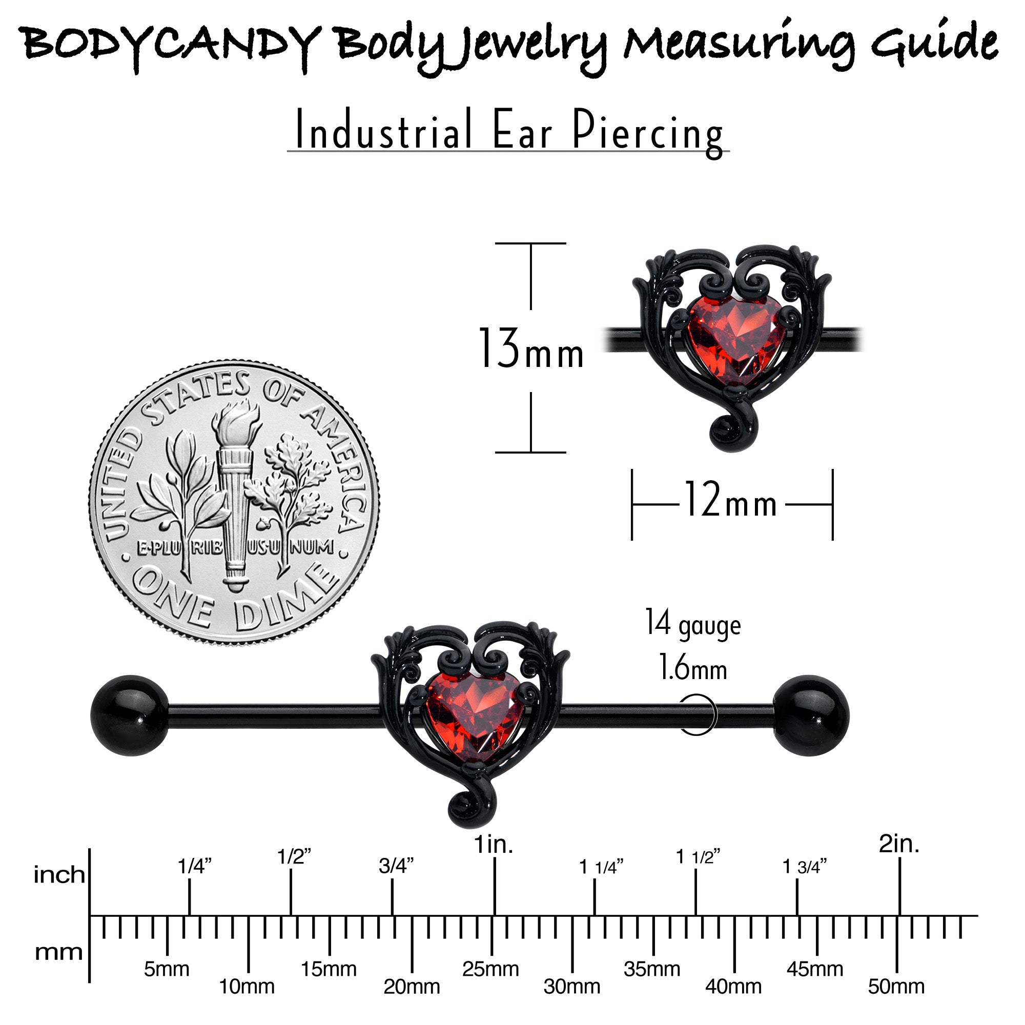 14 Gauge Red CZ Gem Black Passion Heart Industrial Barbell 38mm