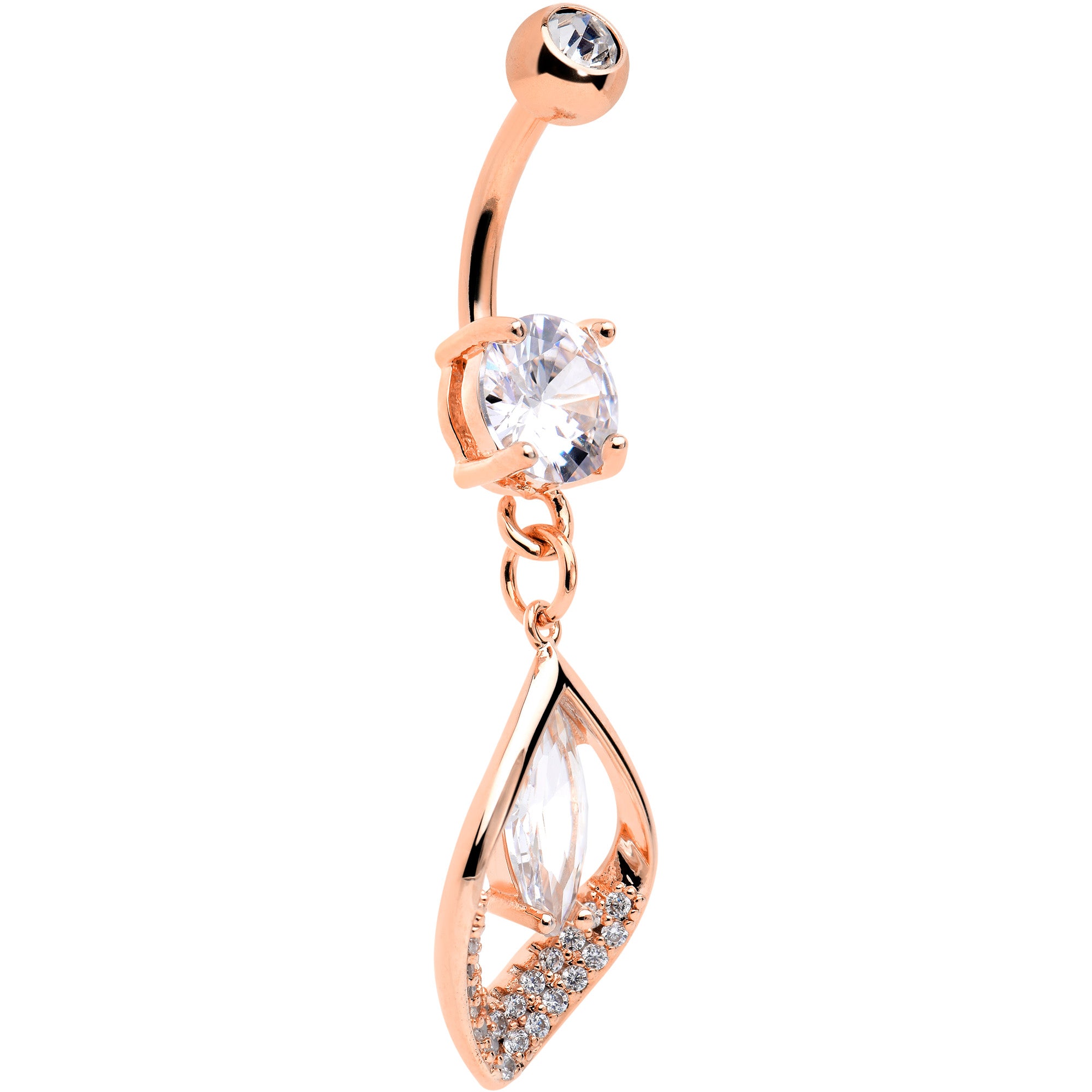 Clear CZ Gem Rose Gold Tone Lush Leaf Dangle Belly Ring