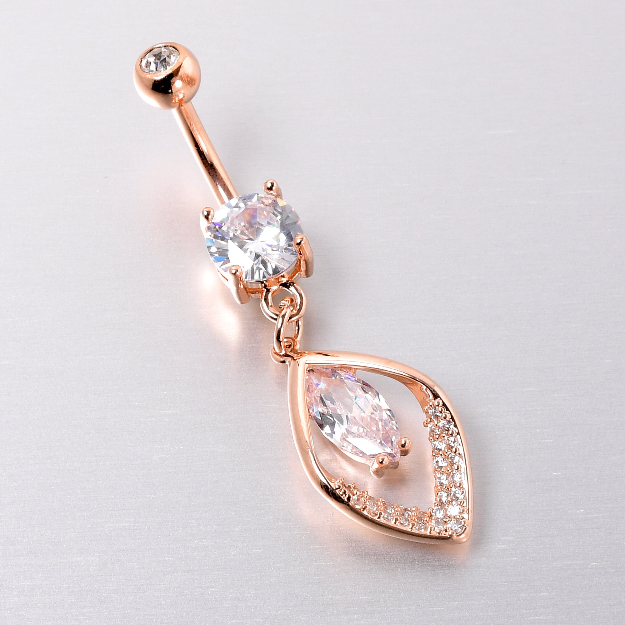 Clear CZ Gem Rose Gold Tone Lush Leaf Dangle Belly Ring