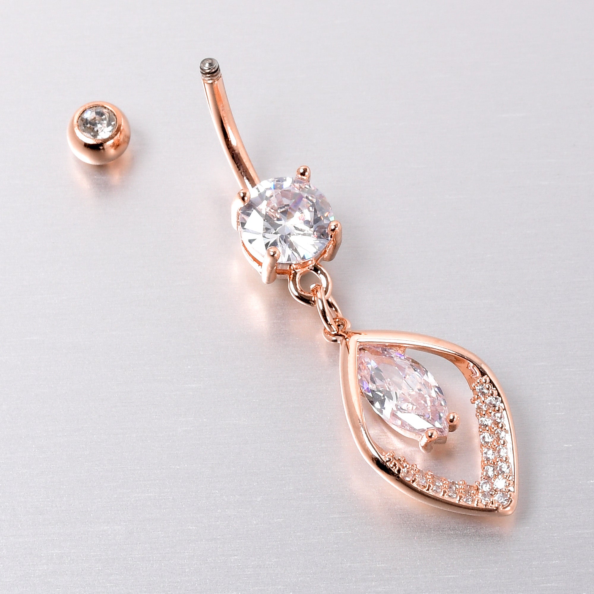 Clear CZ Gem Rose Gold Tone Lush Leaf Dangle Belly Ring