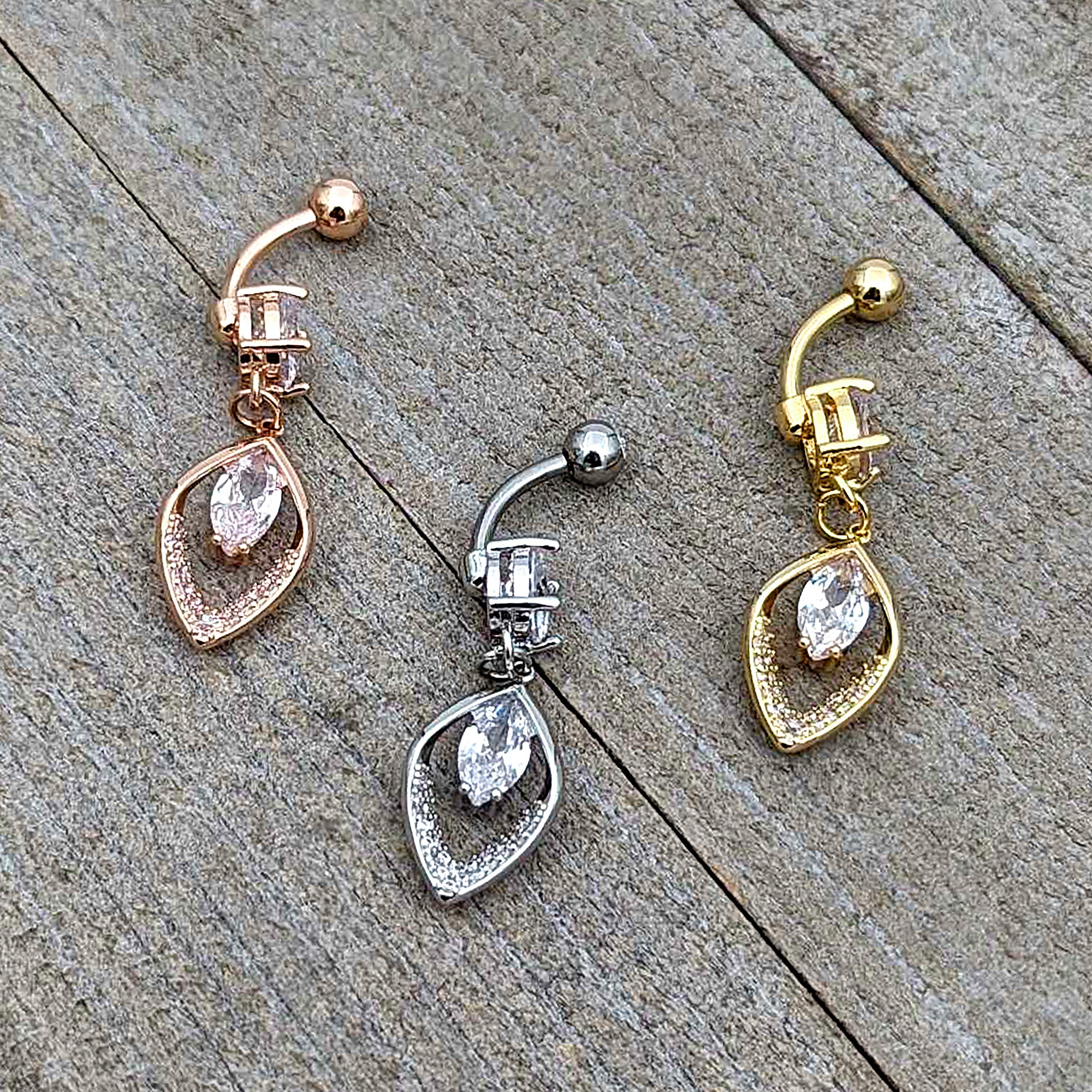 Clear CZ Gem Rose Gold Tone Lush Leaf Dangle Belly Ring