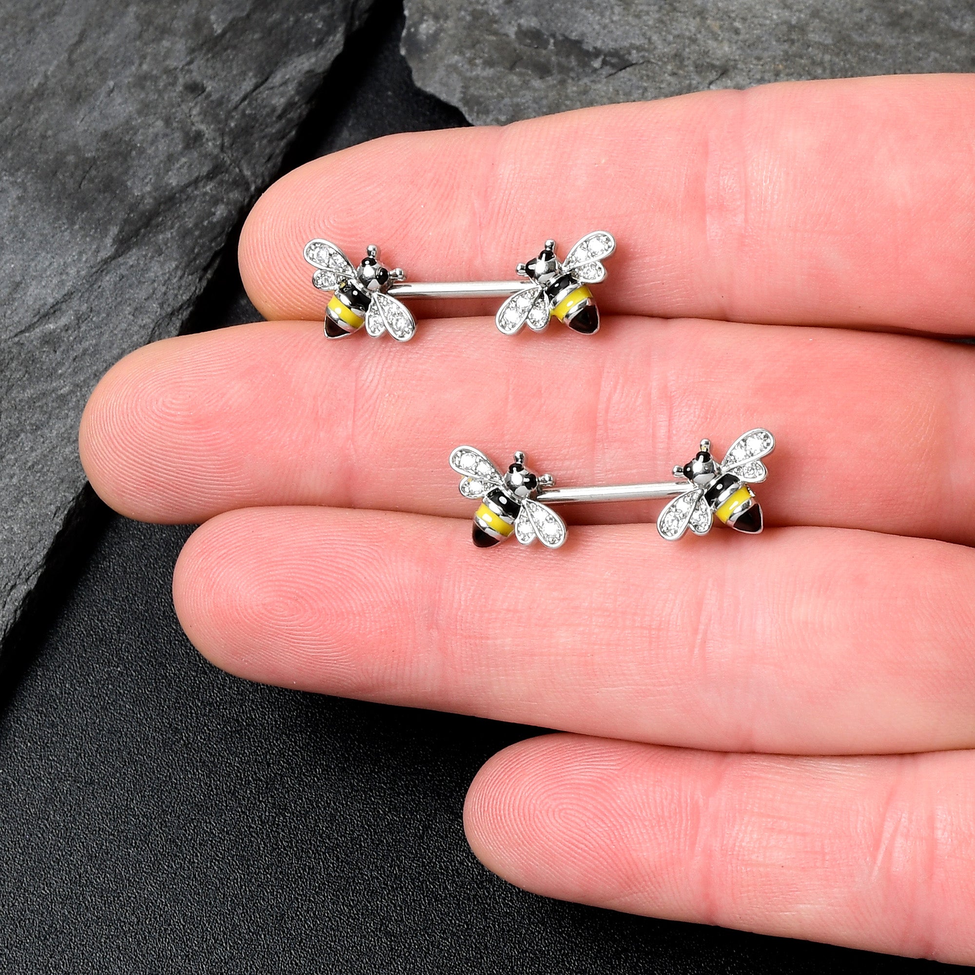 14 Gauge 9/16 Clear CZ Gem Honey Bees Barbell Nipple Ring Set