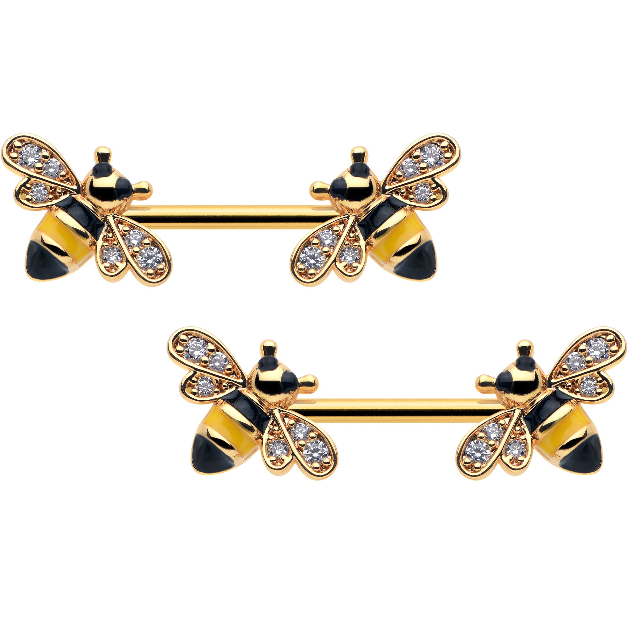 14 Gauge 9/16 Clear CZ Gem Gold Hue Honey Bees Barbell Nipple Ring Set