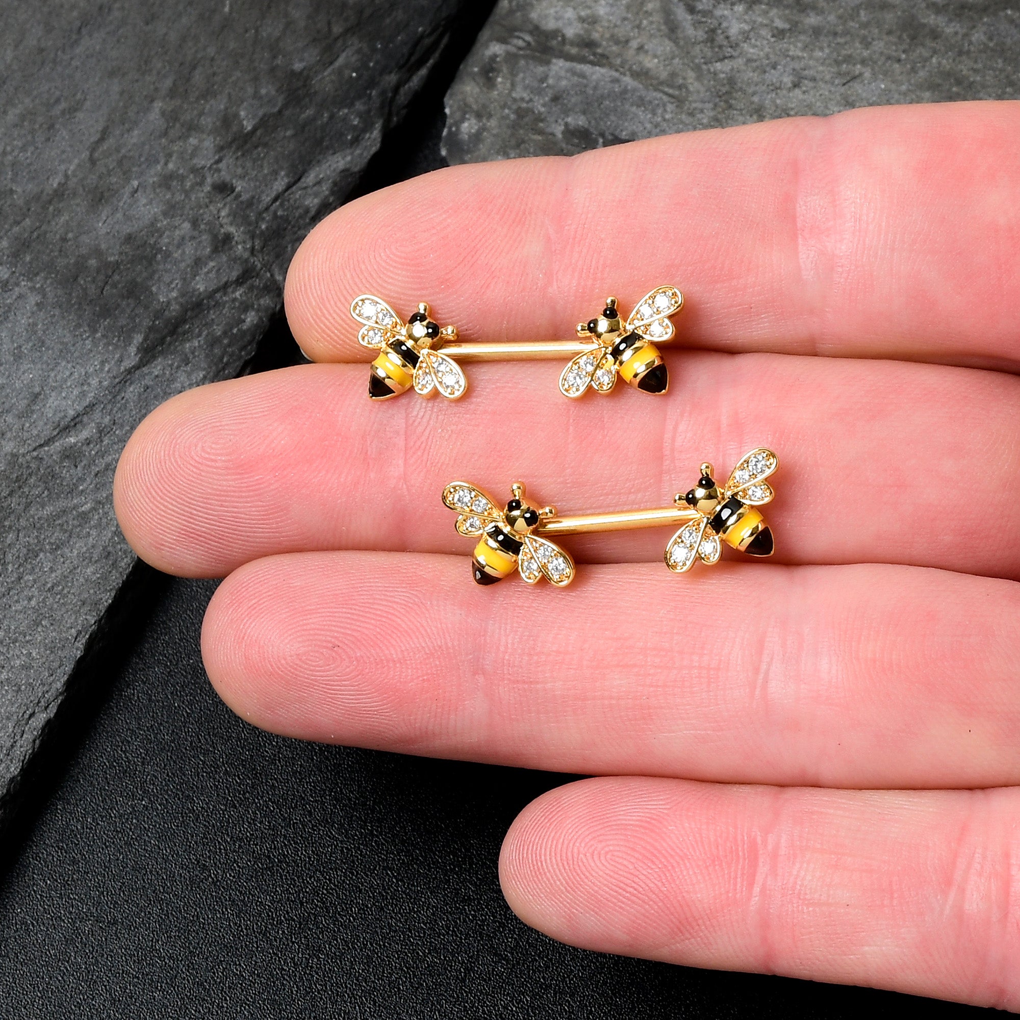 14 Gauge 9/16 Clear CZ Gem Gold Hue Honey Bees Barbell Nipple Ring Set