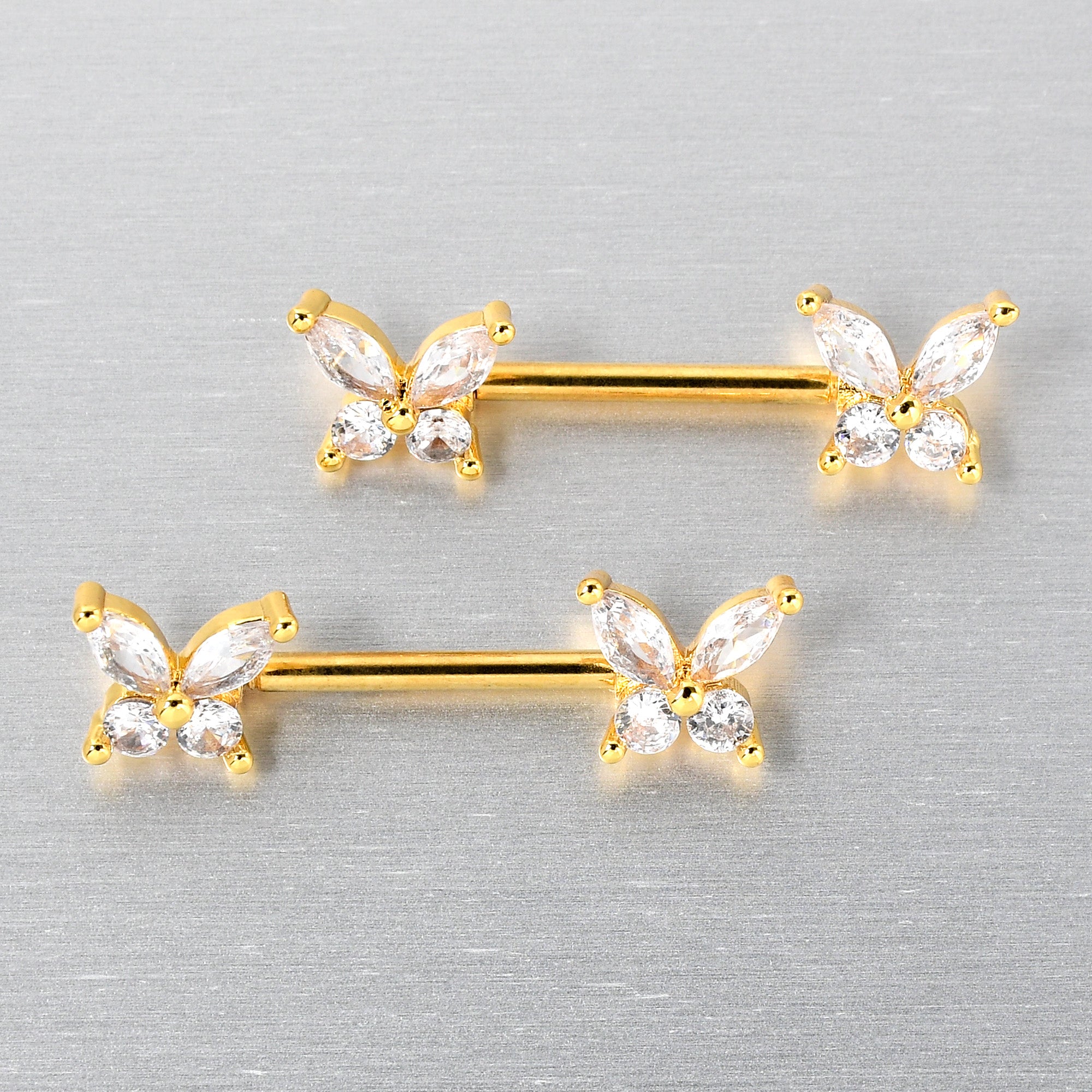 14 Gauge 9/16 Clear CZ Gem Gold Tone Butterflies Barbell Nipple Ring Set