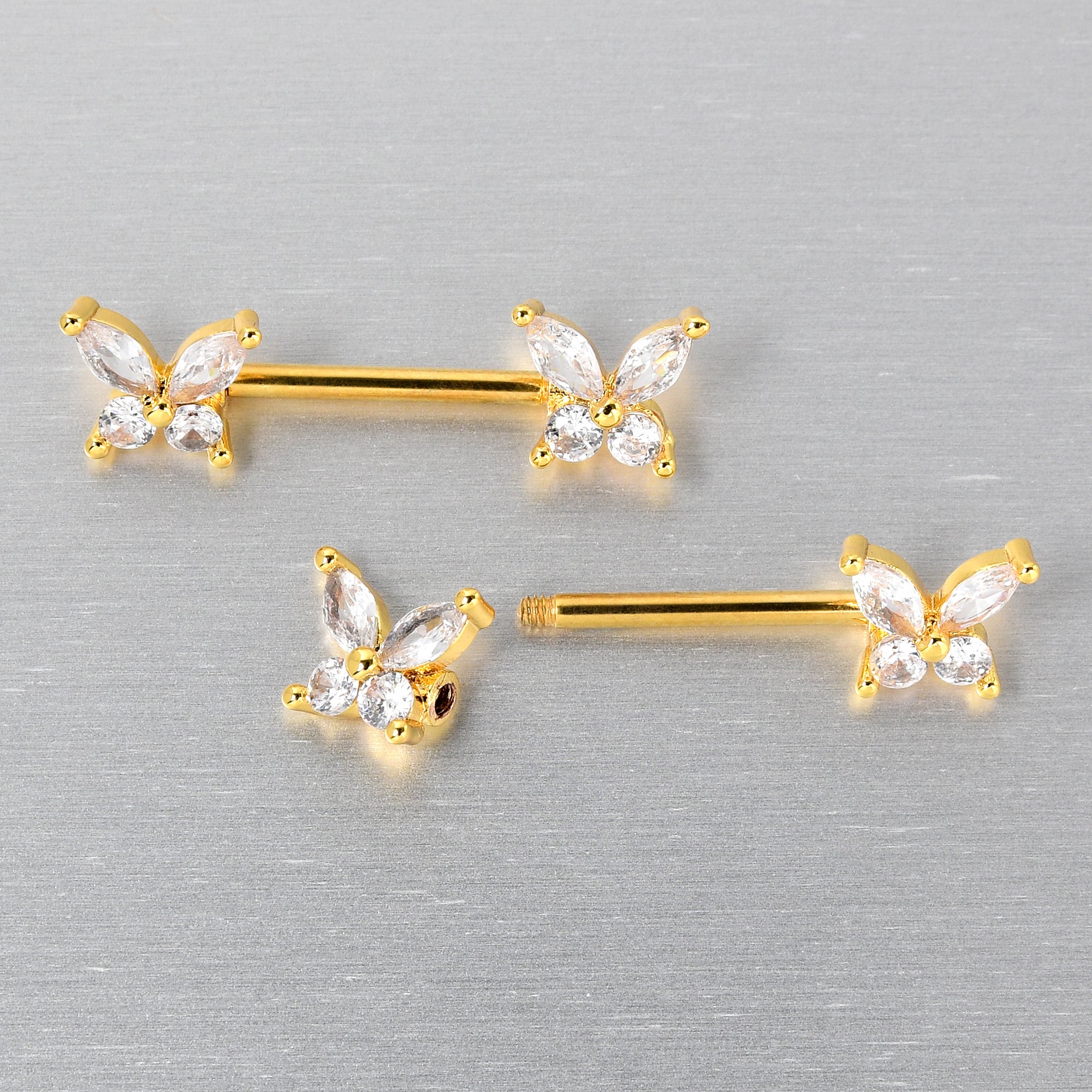 14 Gauge 9/16 Clear CZ Gem Gold Tone Butterflies Barbell Nipple Ring Set