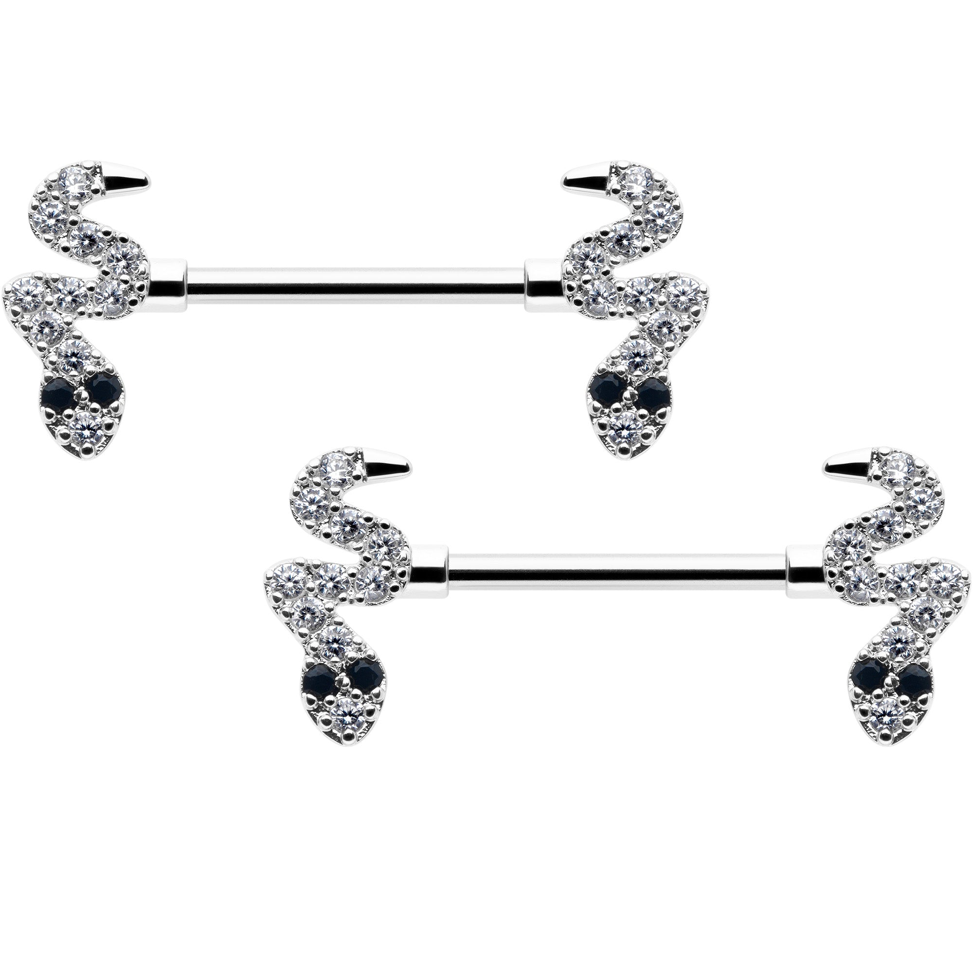 14 Gauge 9/16 Clear Black CZ Gem Sexy Snakes Barbell Nipple Ring Set