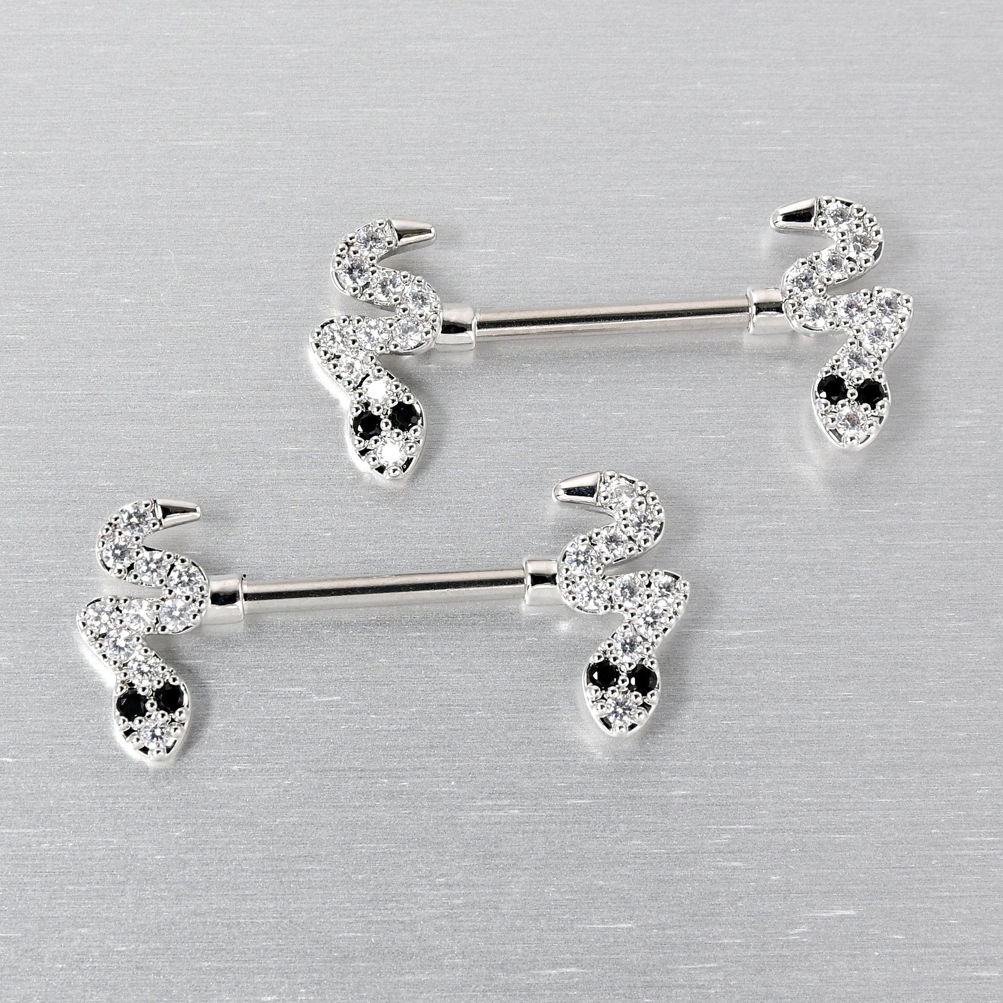 14 Gauge 9/16 Clear Black CZ Gem Sexy Snakes Barbell Nipple Ring Set