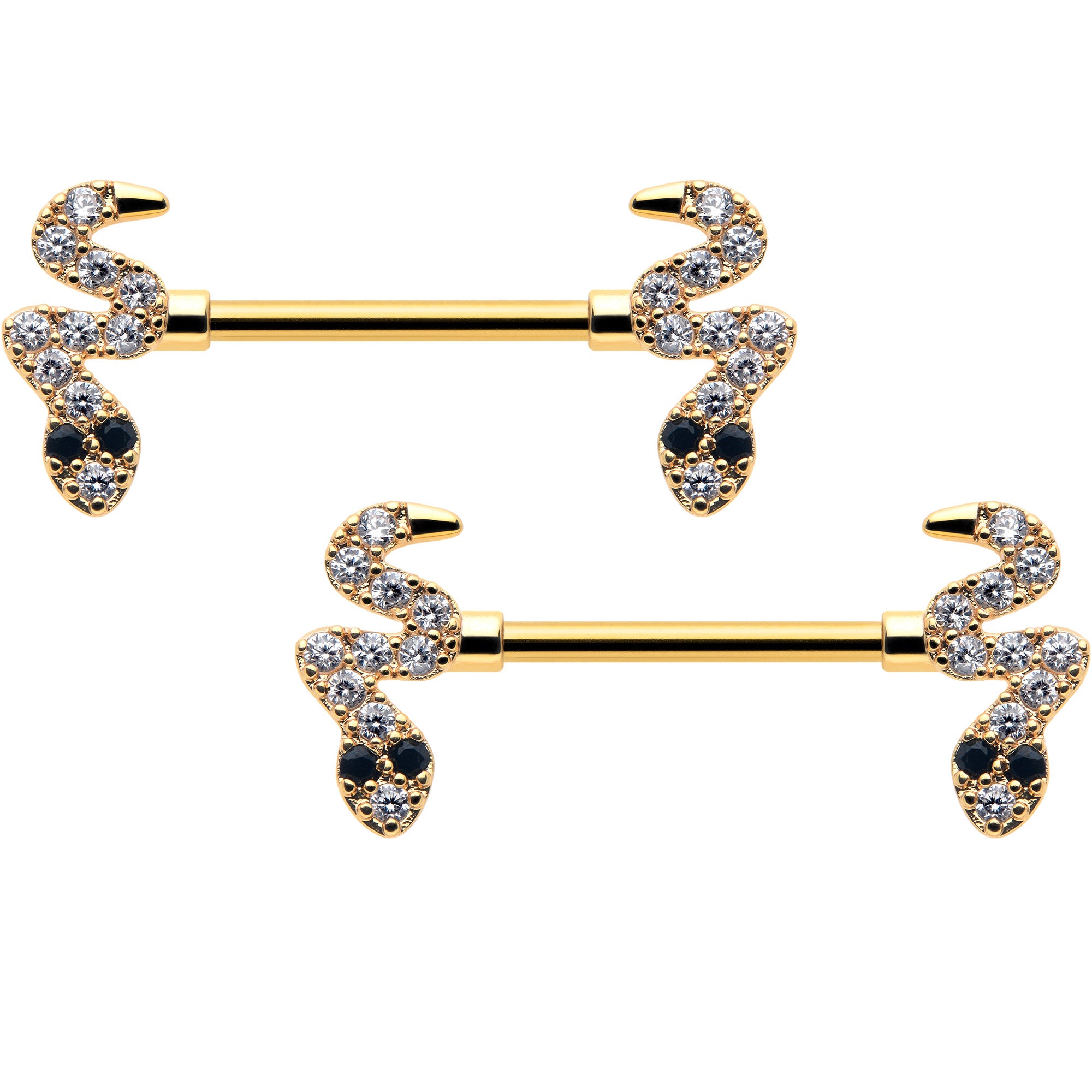 14 Gauge 9/16 Clear Black CZ Gem Gold Tone Sexy Snakes Nipple Ring Set