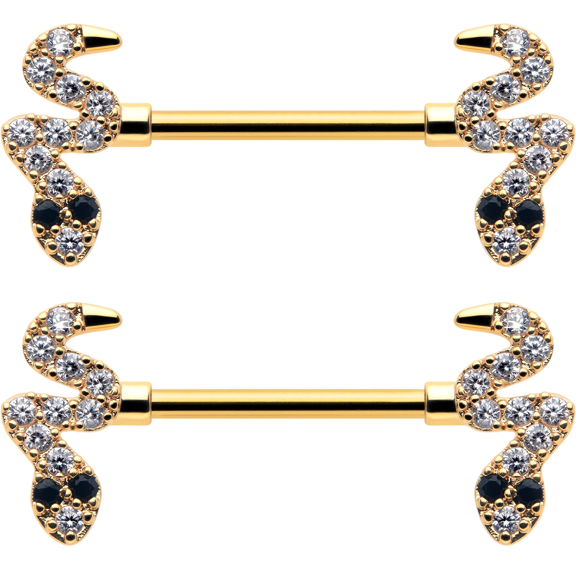 14 Gauge 9/16 Clear Black CZ Gem Gold Tone Sexy Snakes Nipple Ring Set