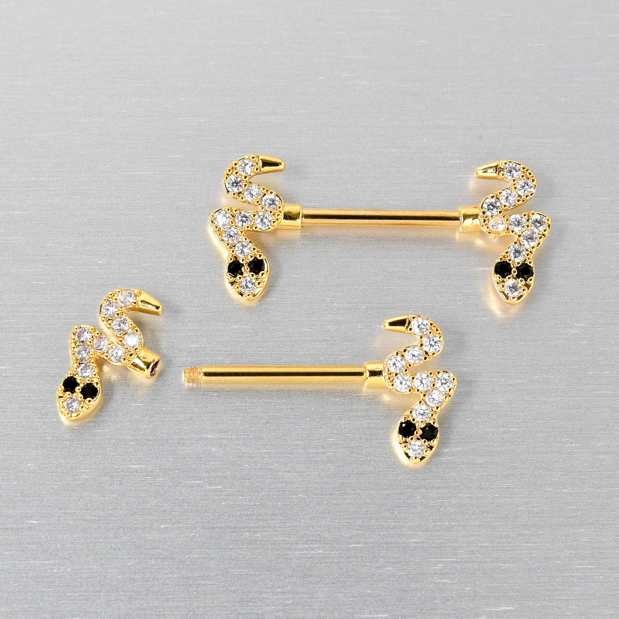 14 Gauge 9/16 Clear Black CZ Gem Gold Tone Sexy Snakes Nipple Ring Set