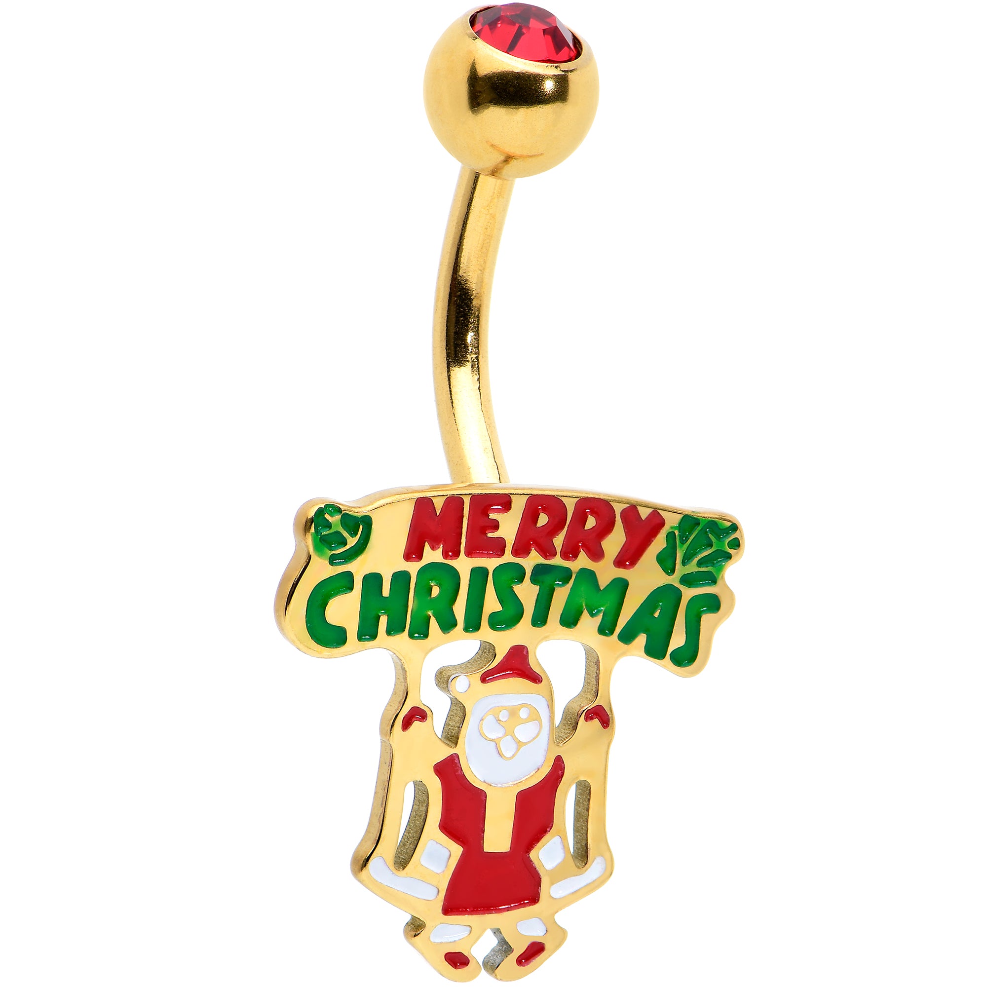 Red Gem Gold Tone Merry Christmas Santa Inlaid Belly Ring