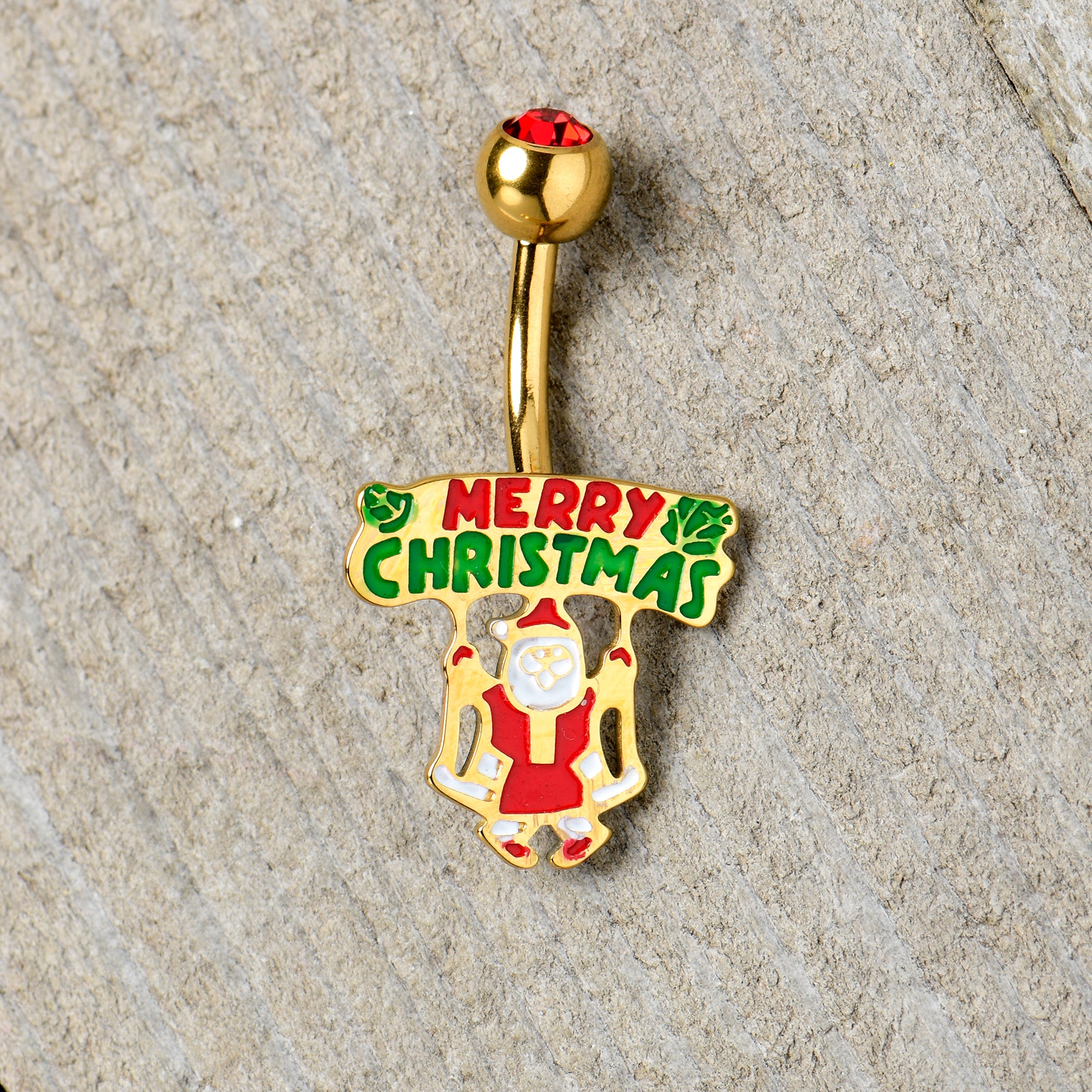 Red Gem Gold Tone Merry Christmas Santa Inlaid Belly Ring