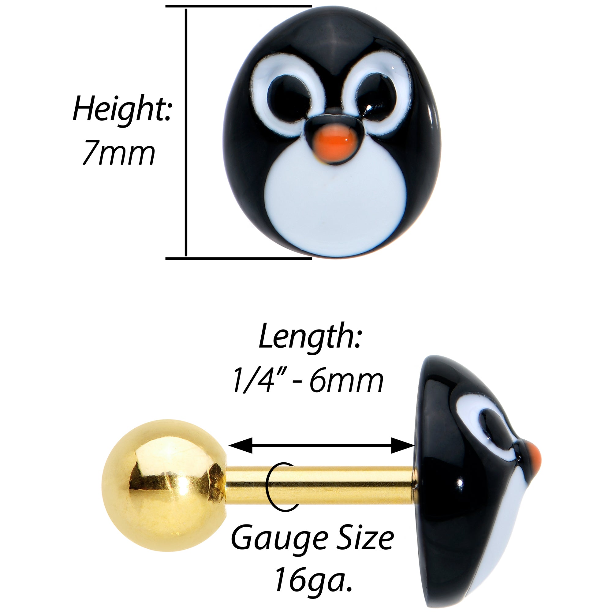 16 Gauge 1/4 Gold Tone Round Penguin Face Holiday Cartilage Earring