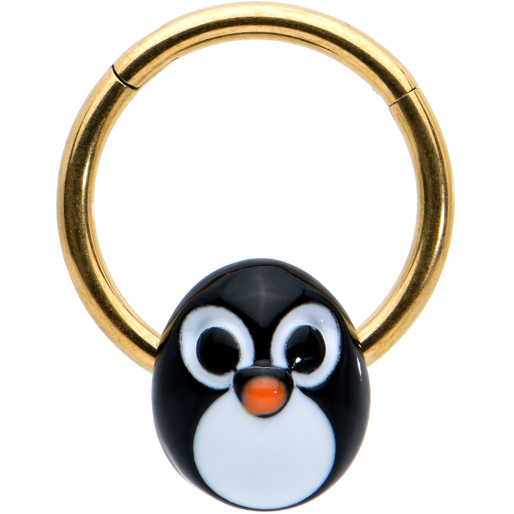 16 Gauge 3/8 Gold Tone Round Penguin Face Holiday Hinged Segment Ring