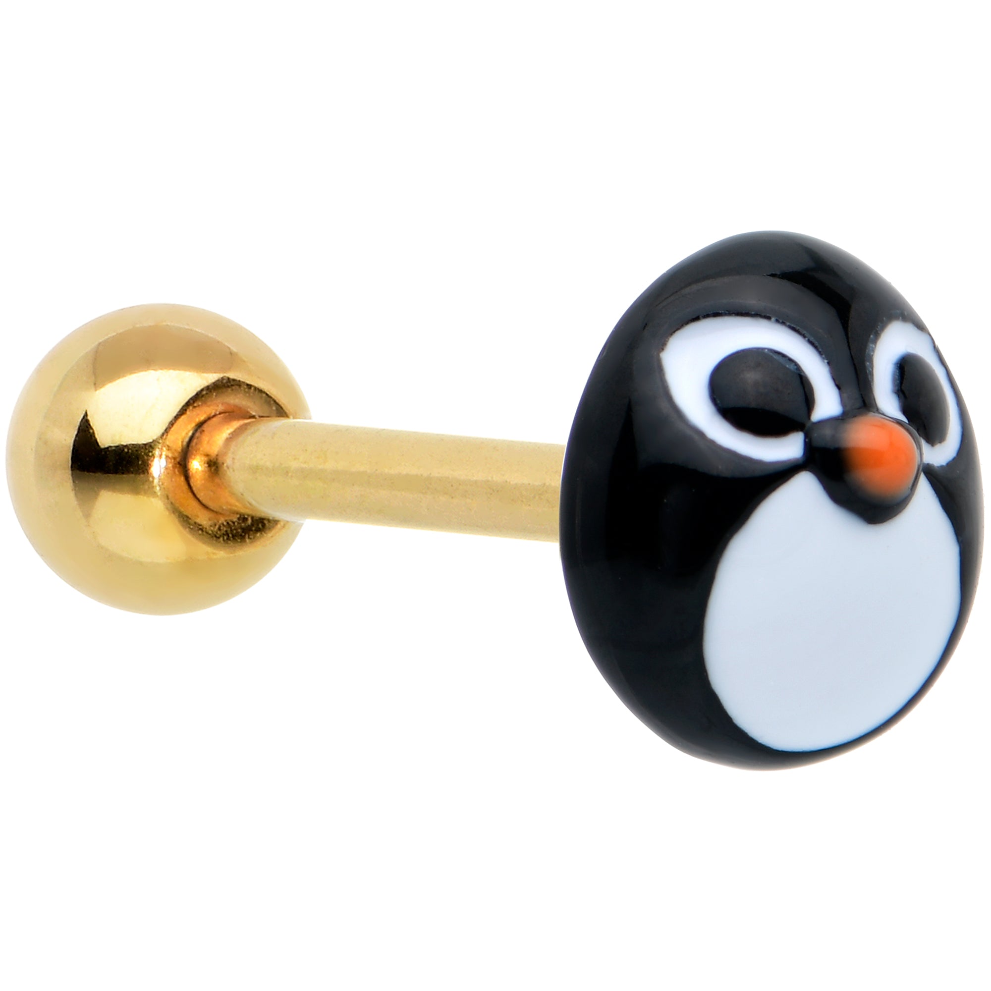 Gold Tone Round Holiday Penguin Face Barbell Tongue Ring