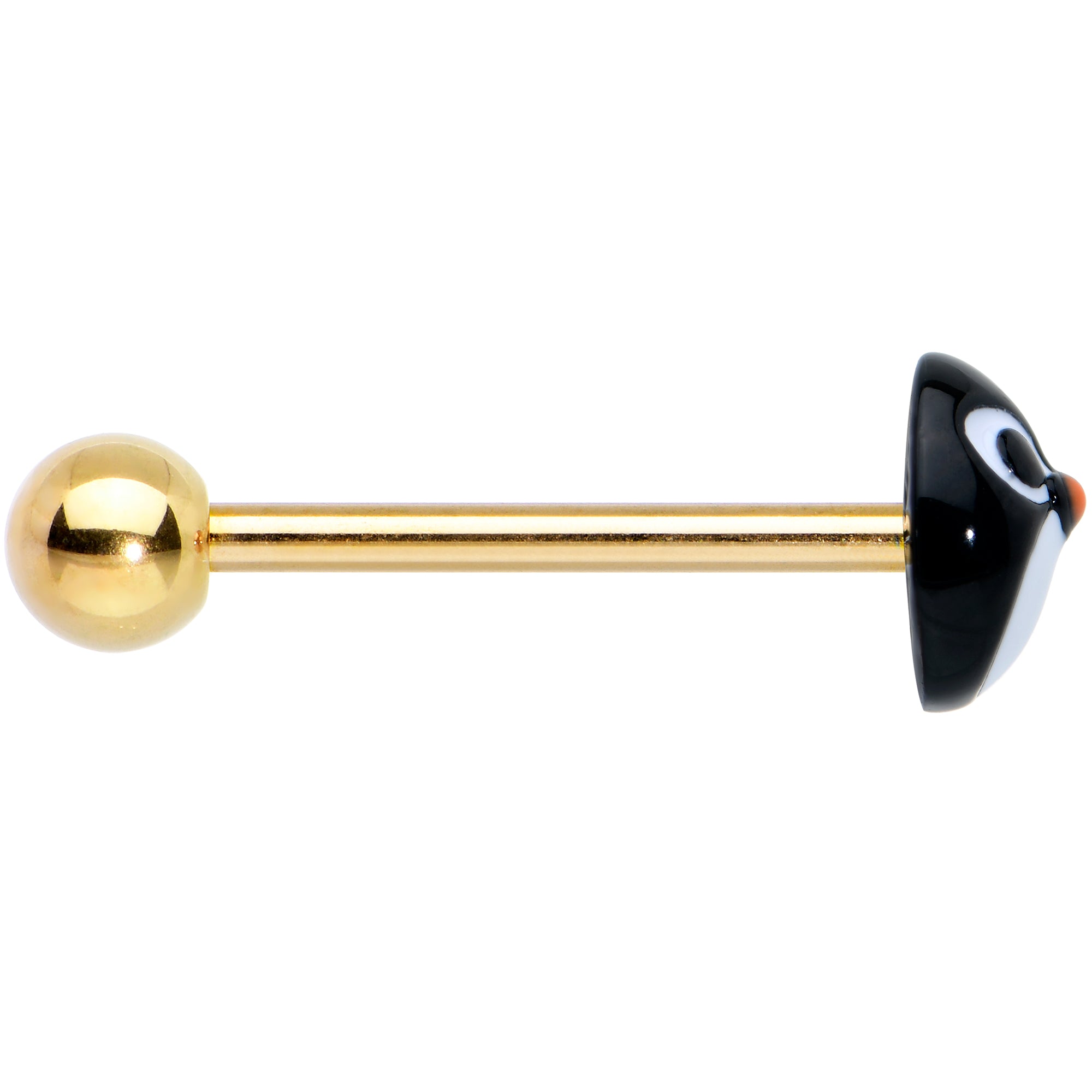 Gold Tone Round Holiday Penguin Face Barbell Tongue Ring