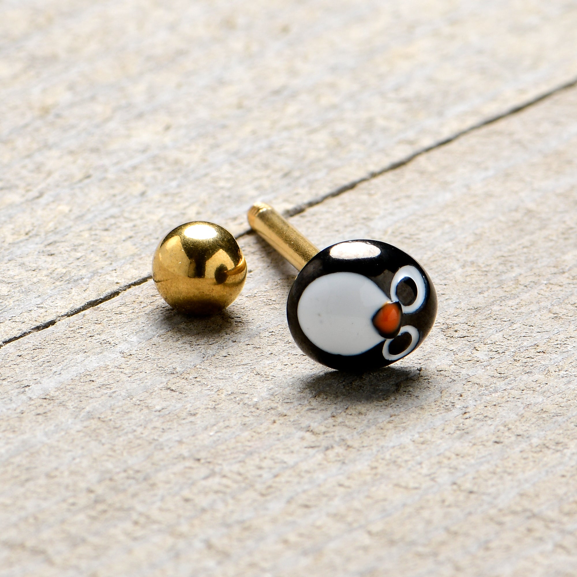 Gold Tone Round Holiday Penguin Face Barbell Tongue Ring