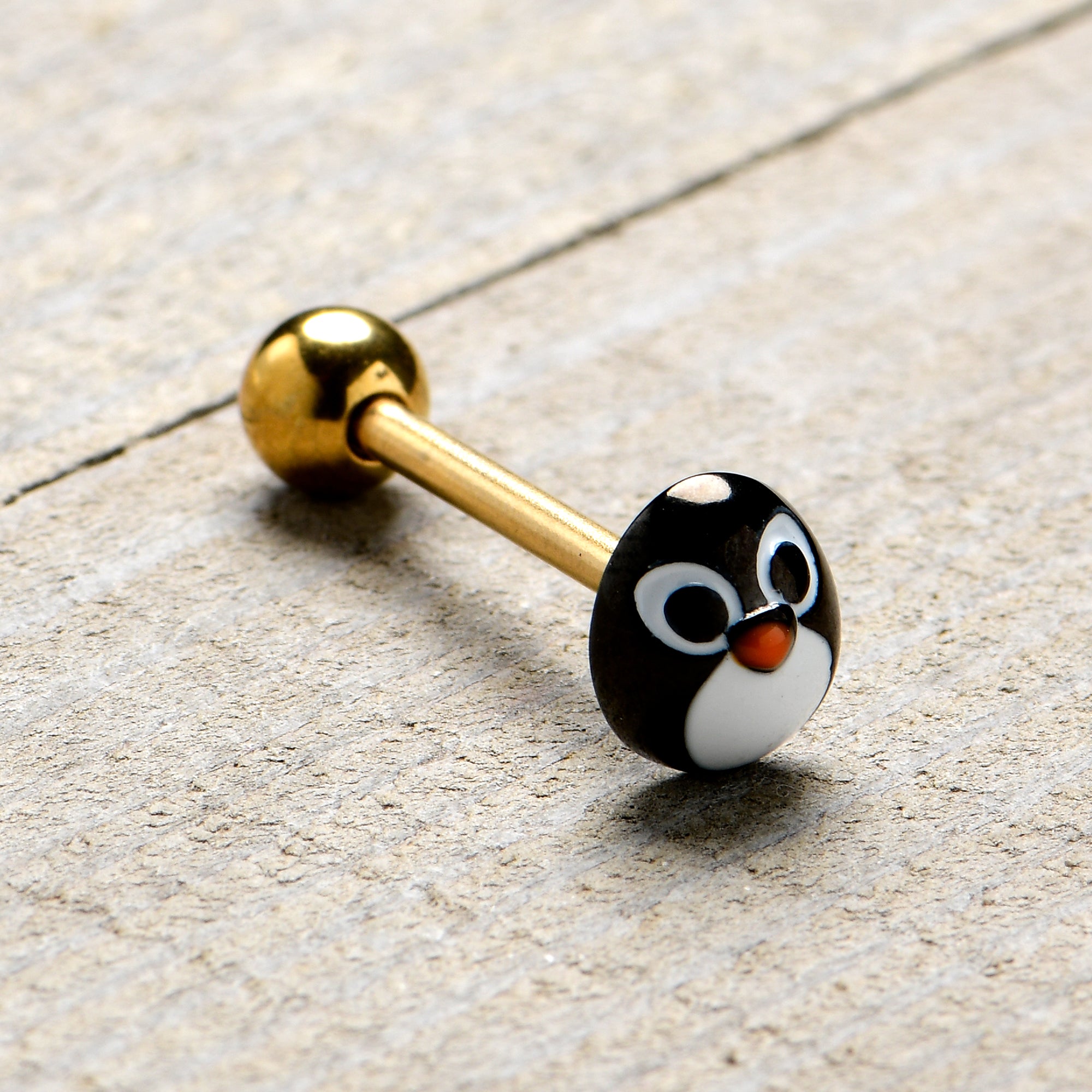 Gold Tone Round Holiday Penguin Face Barbell Tongue Ring