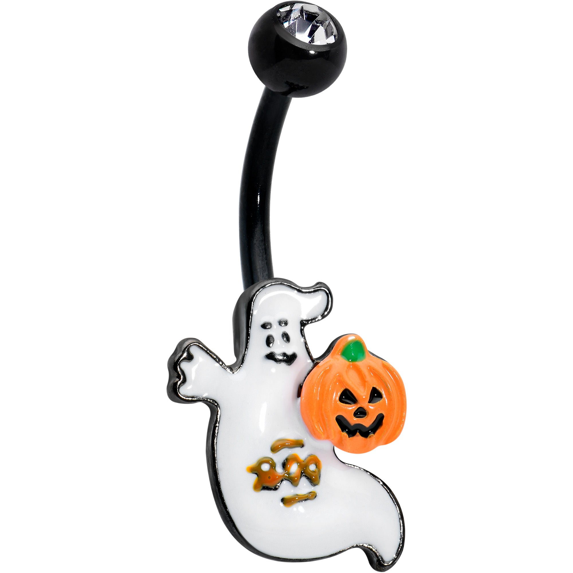 Clear Gem Black Ghost Pumpkin Boo Halloween Belly Ring