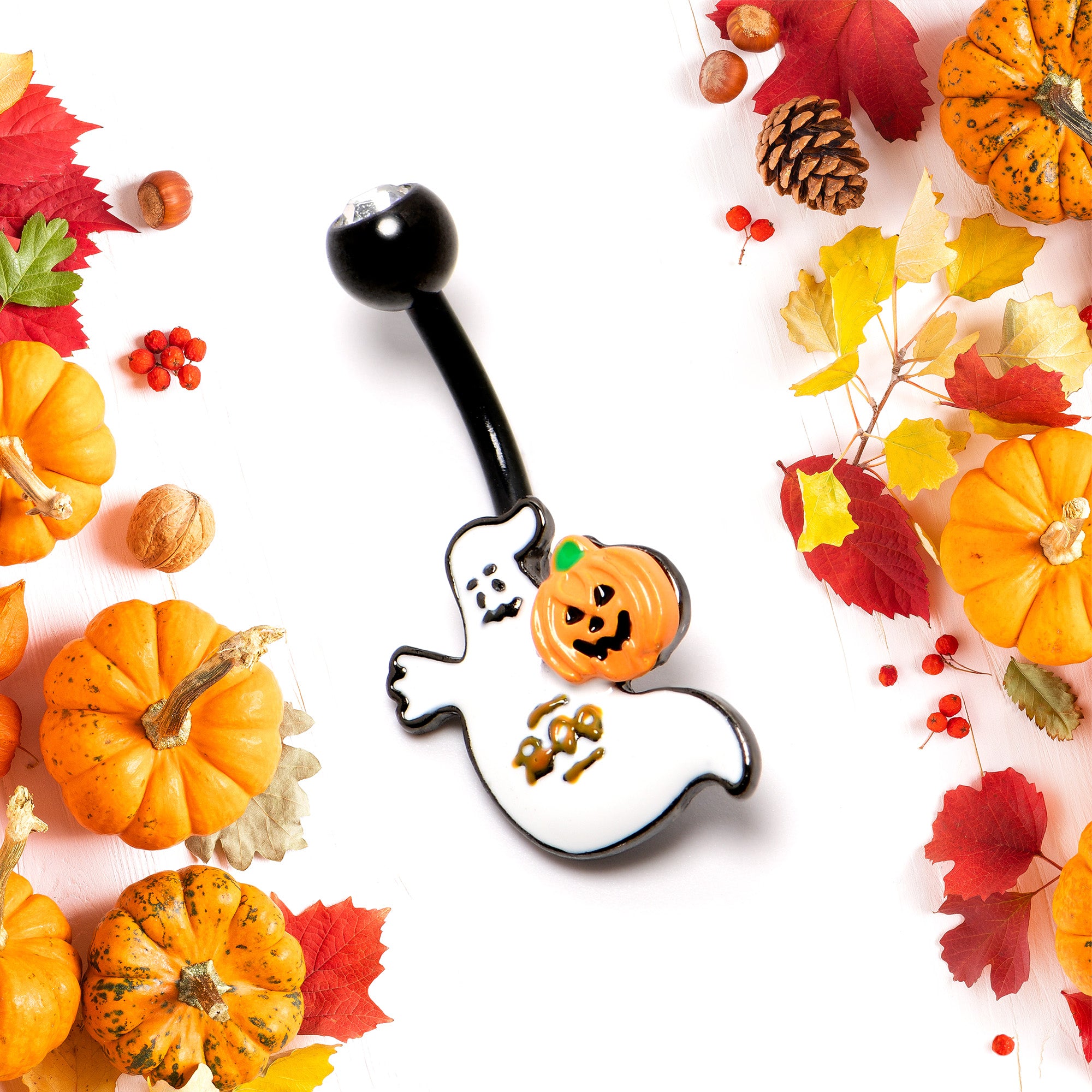 Clear Gem Black Ghost Pumpkin Boo Halloween Belly Ring