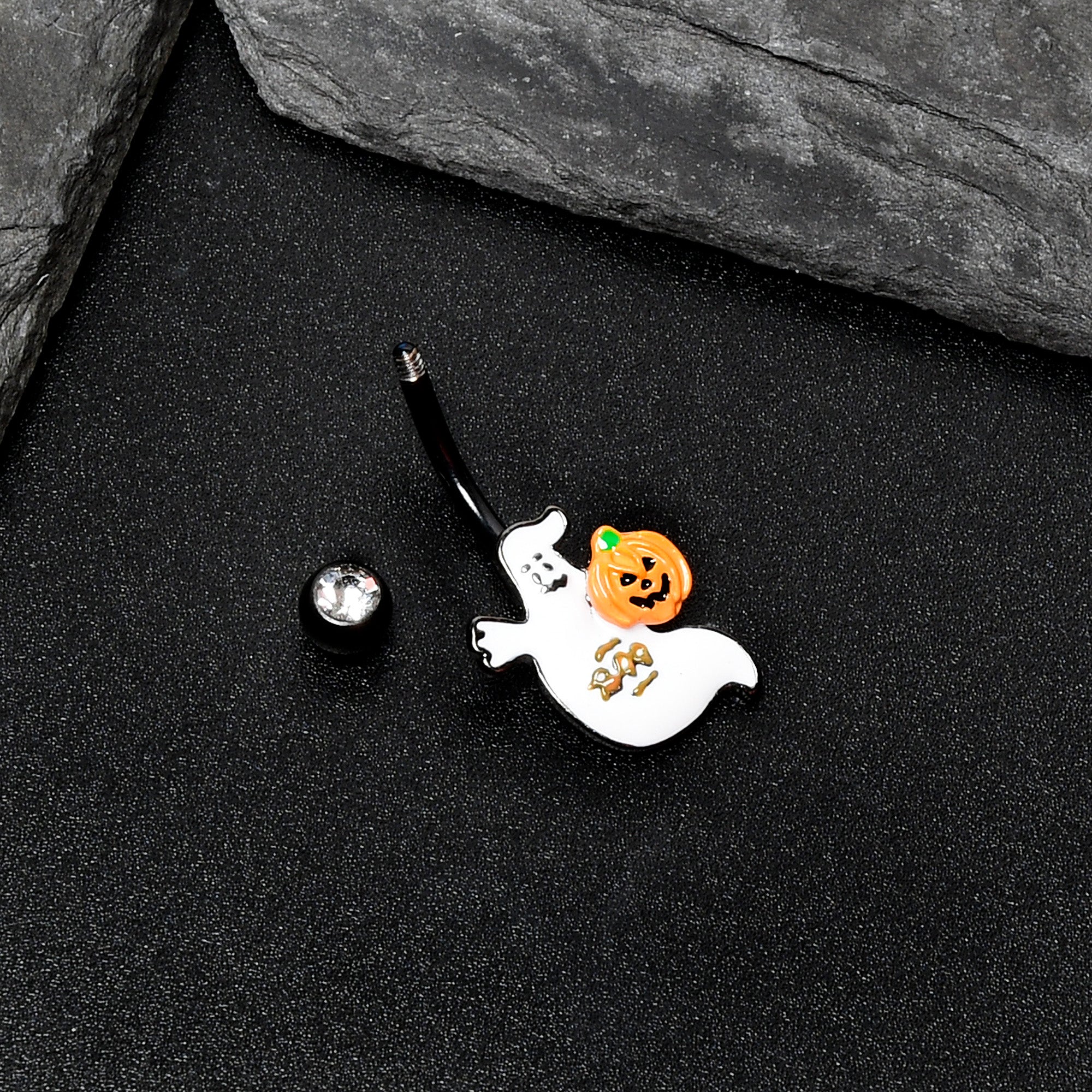 Clear Gem Black Ghost Pumpkin Boo Halloween Belly Ring