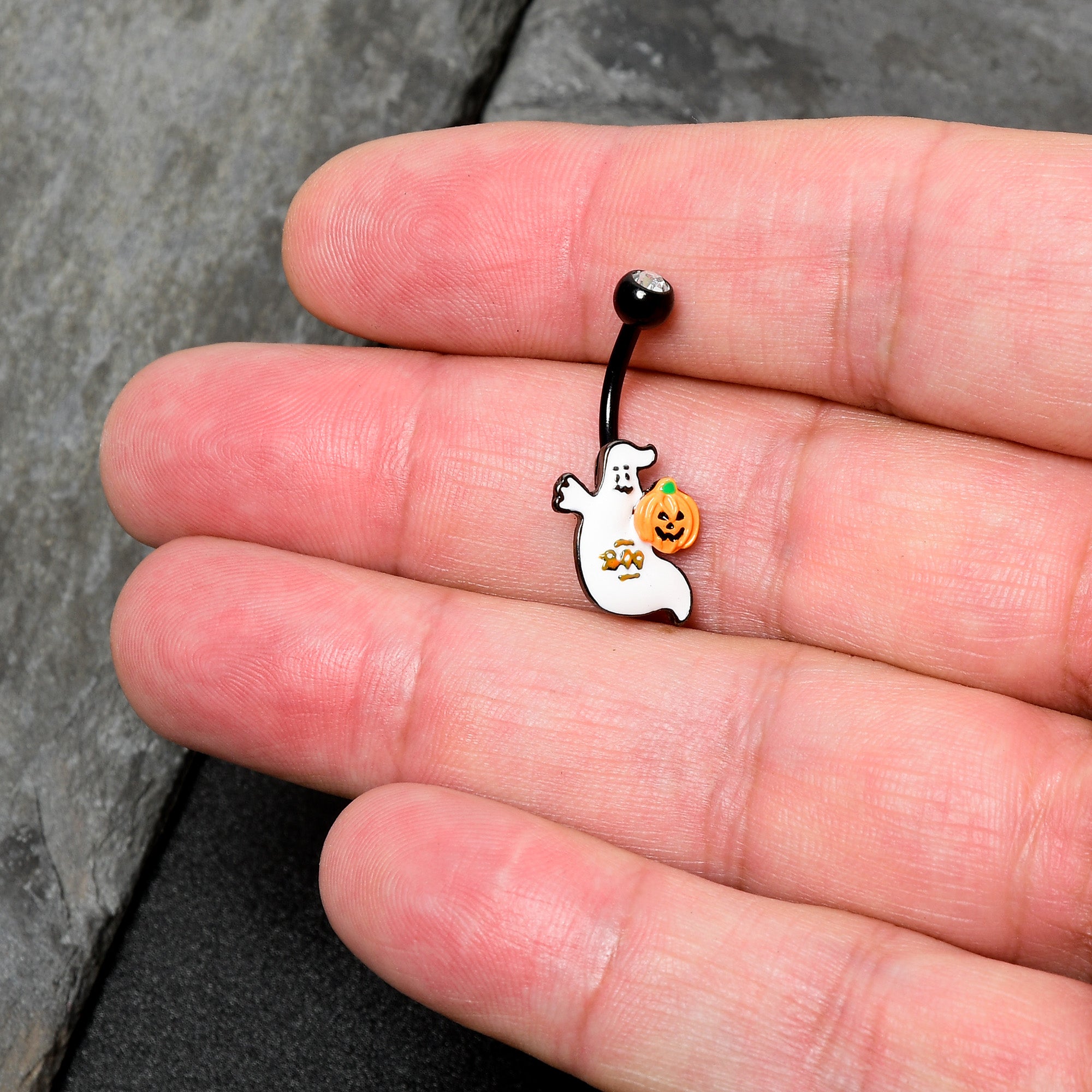 Clear Gem Black Ghost Pumpkin Boo Halloween Belly Ring