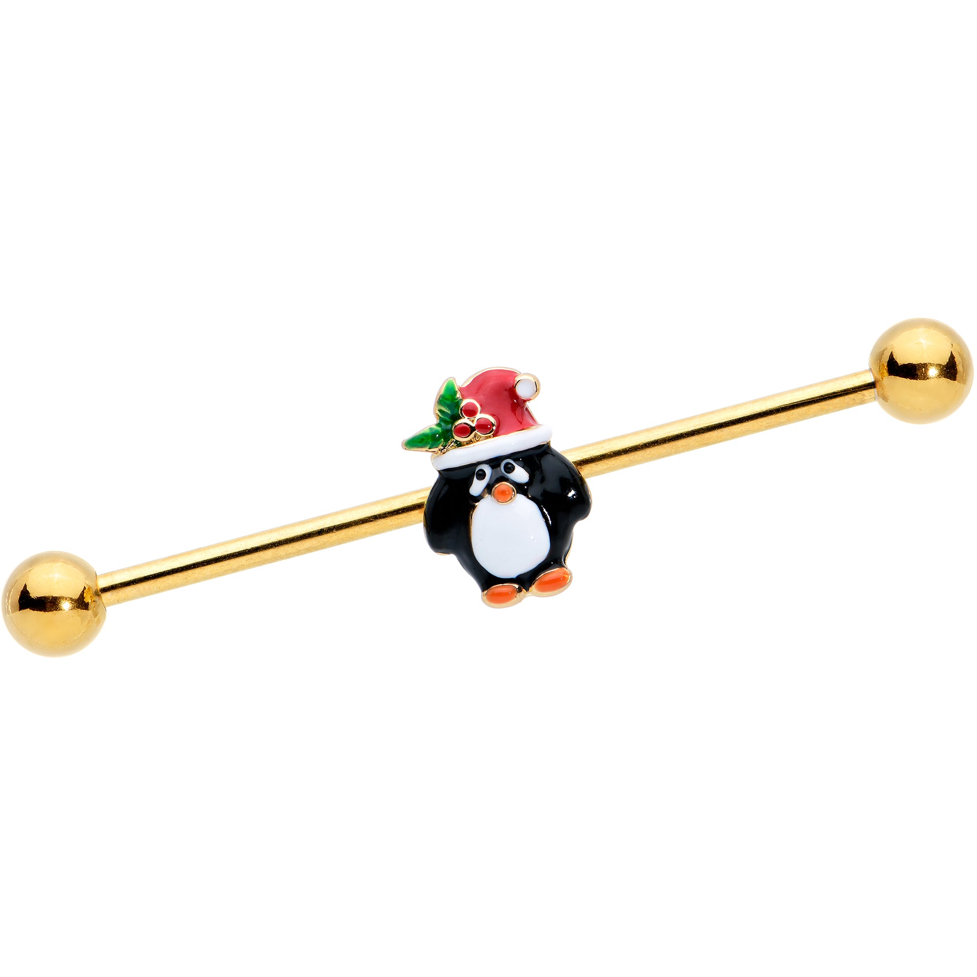 14 Gauge Gold Tone Holly Hat Penguin Holiday Industrial Barbell 38mm