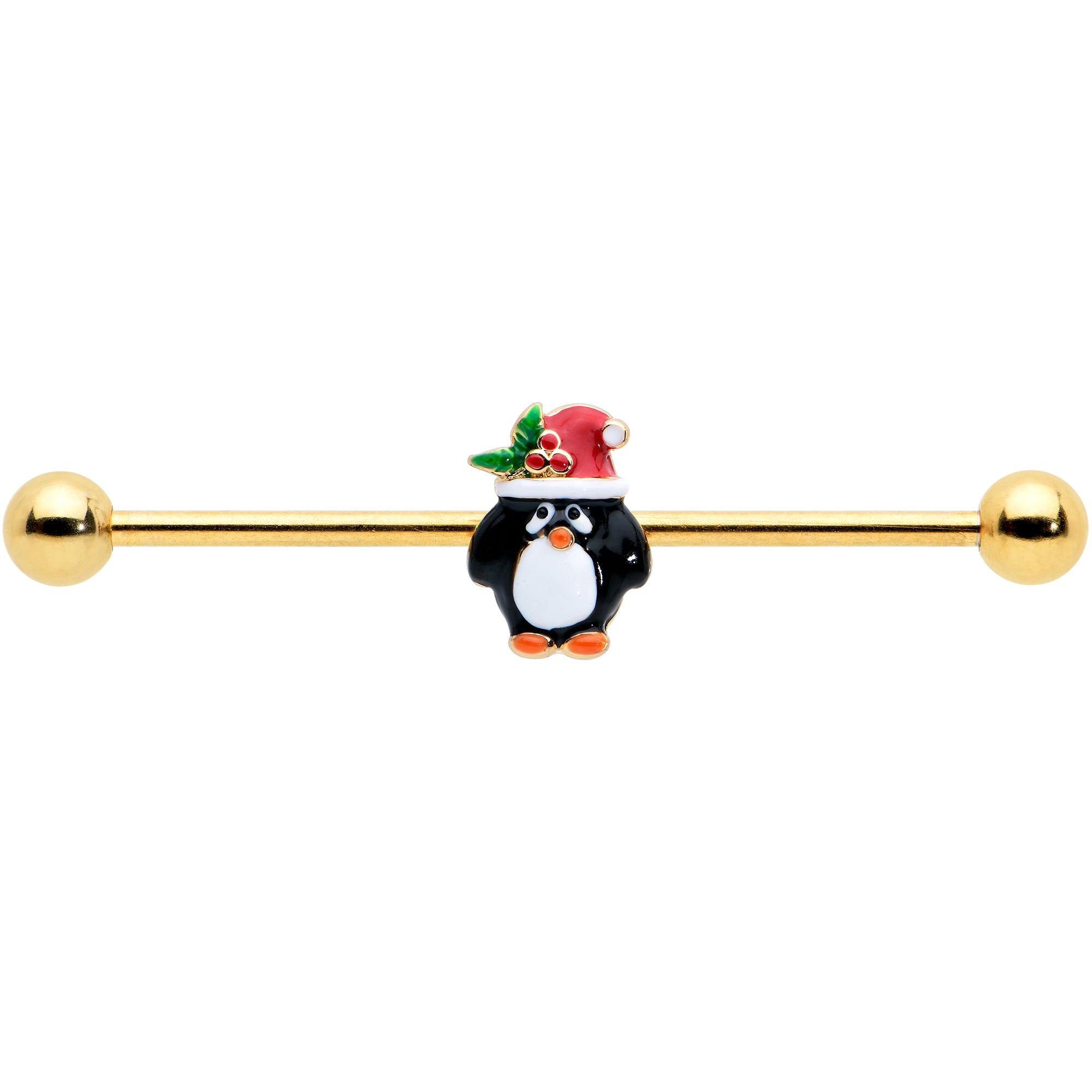 14 Gauge Gold Tone Holly Hat Penguin Holiday Industrial Barbell 38mm