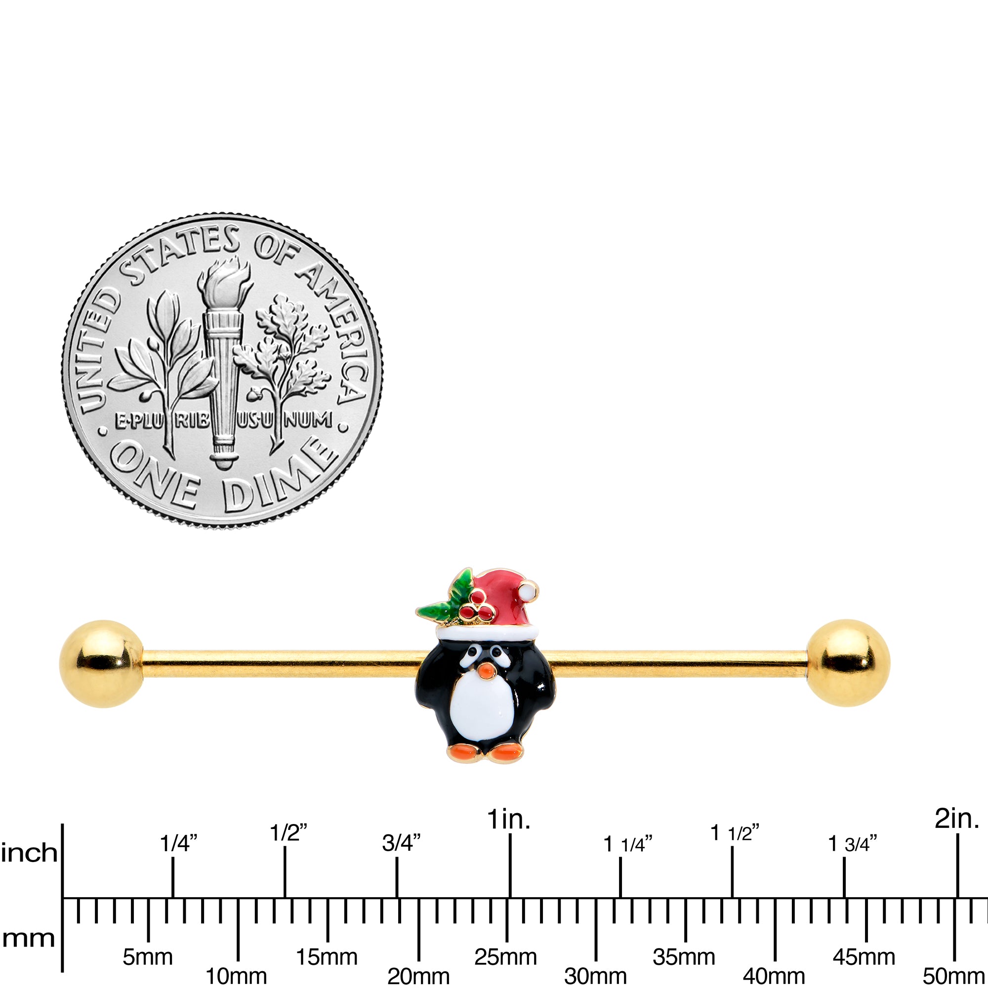 14 Gauge Gold Tone Holly Hat Penguin Holiday Industrial Barbell 38mm