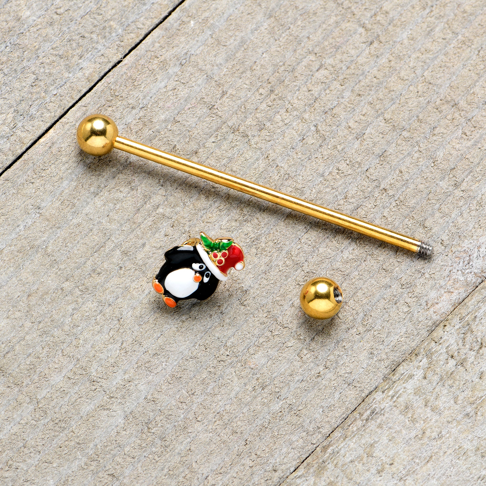 14 Gauge Gold Tone Holly Hat Penguin Holiday Industrial Barbell 38mm