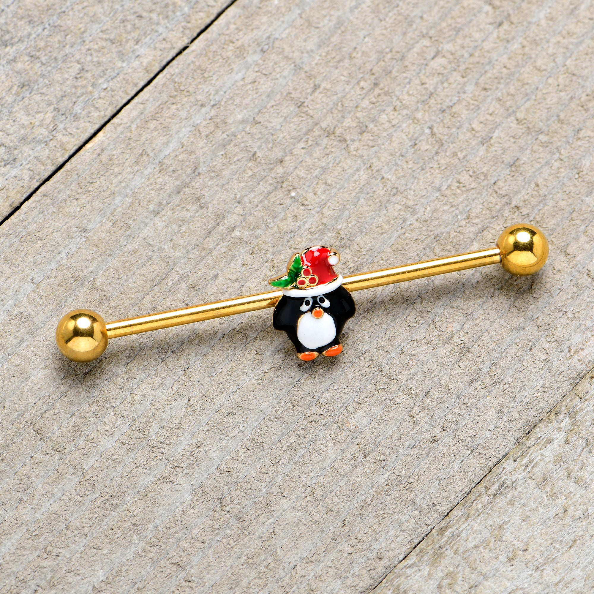 14 Gauge Gold Tone Holly Hat Penguin Holiday Industrial Barbell 38mm