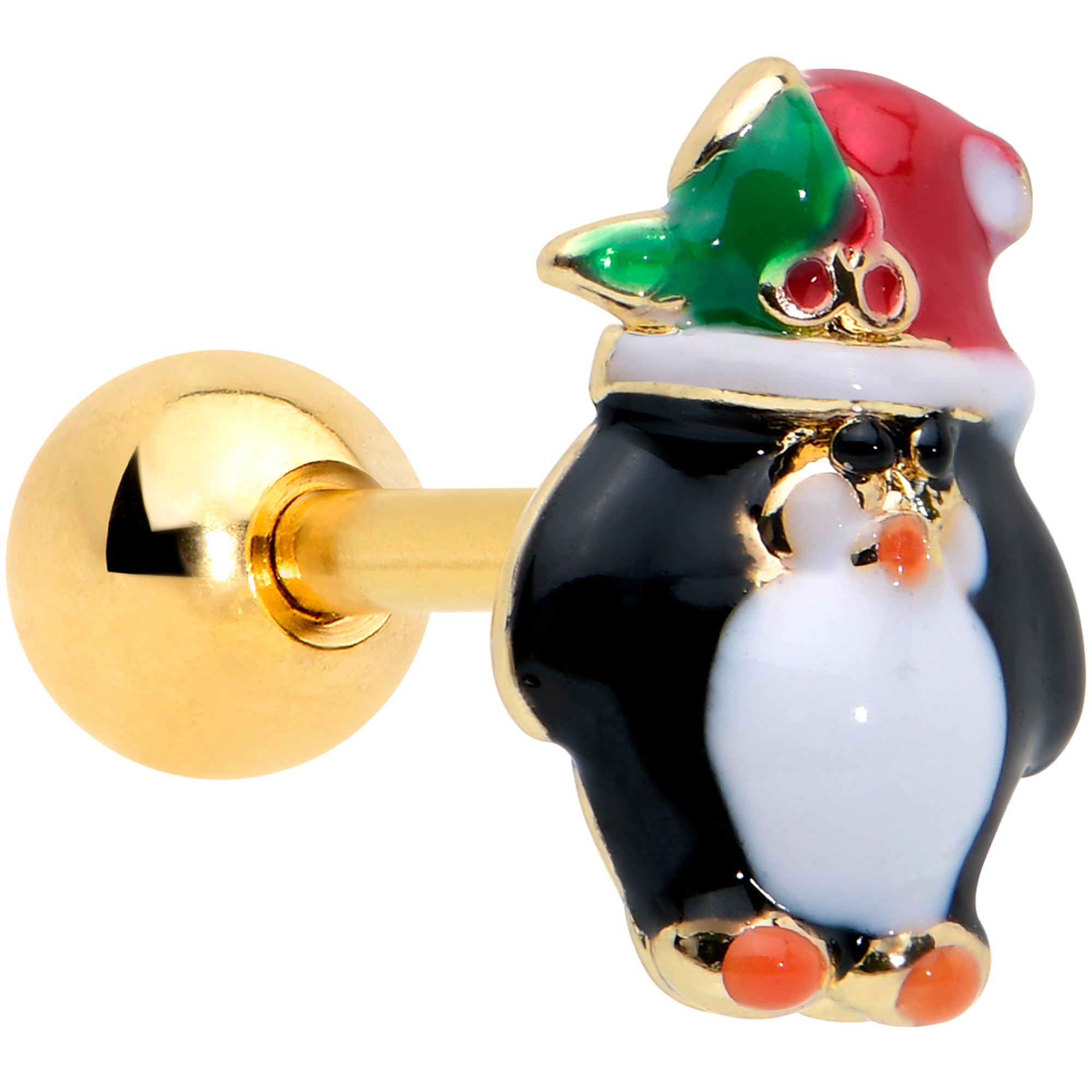 16 Gauge 1/4 Gold Tone Holly Hat Penguin Cartilage Tragus Earring