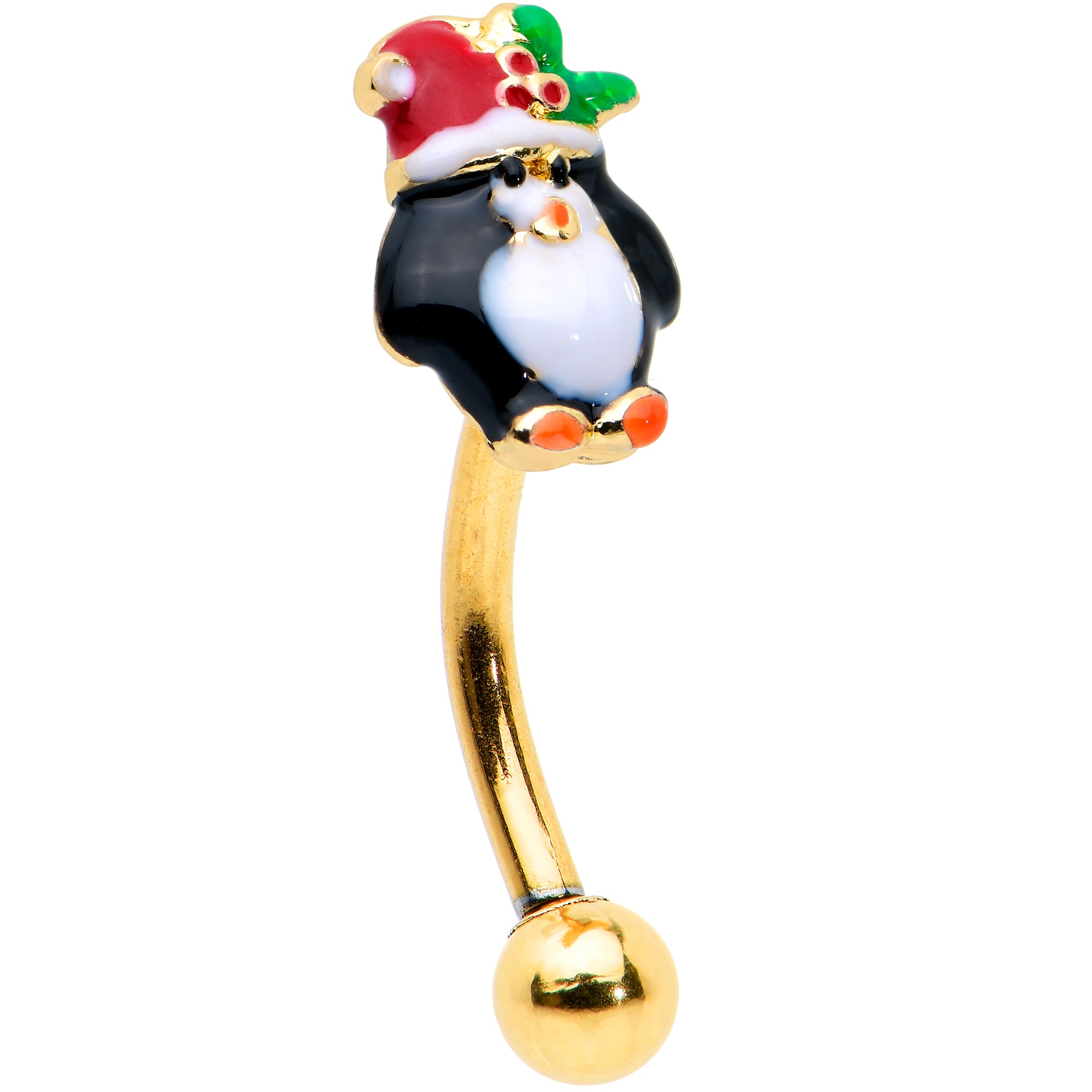 16 Gauge 5/16 Gold Tone Holly Hat Penguin Holiday Curved Eyebrow Ring