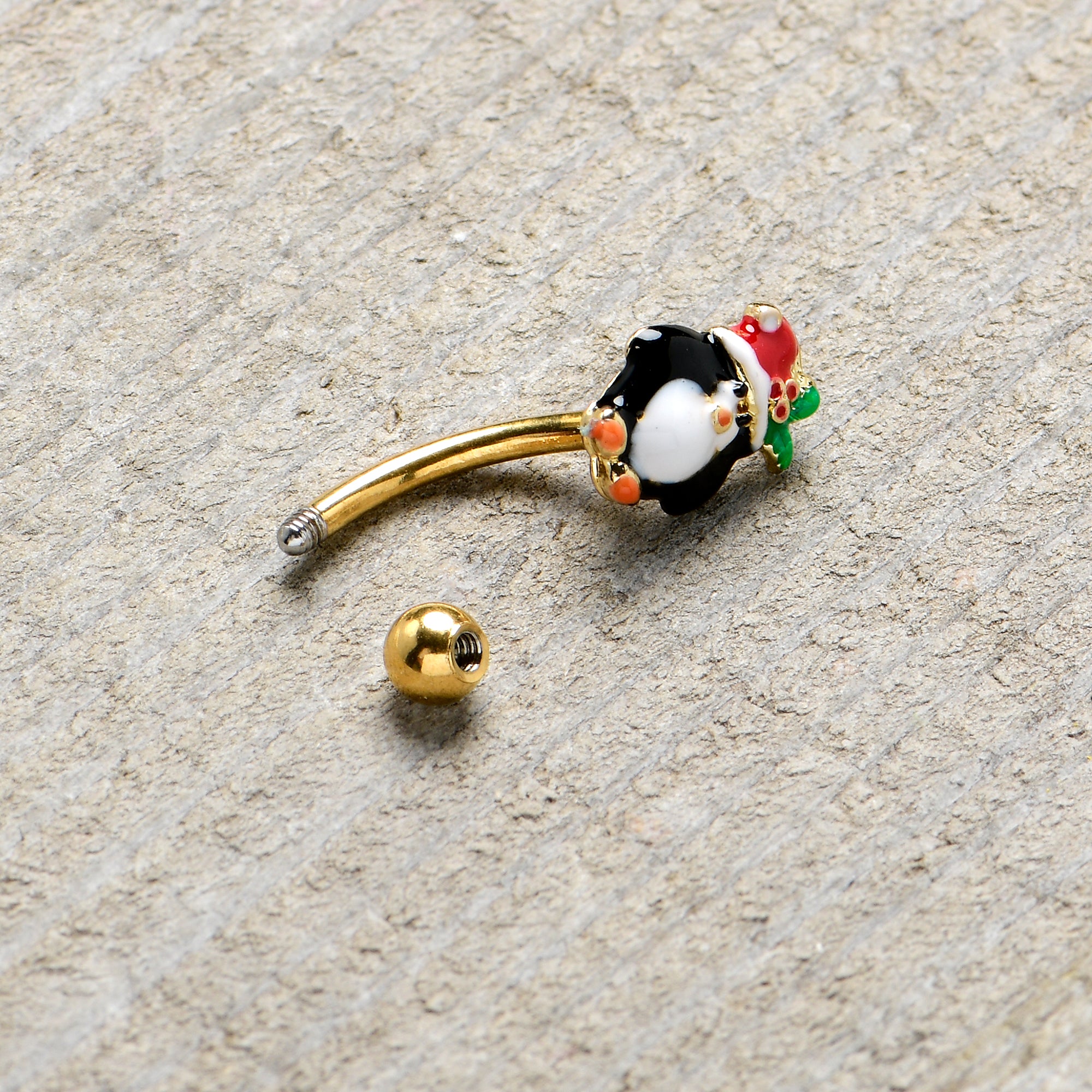 16 Gauge 5/16 Gold Tone Holly Hat Penguin Holiday Curved Eyebrow Ring