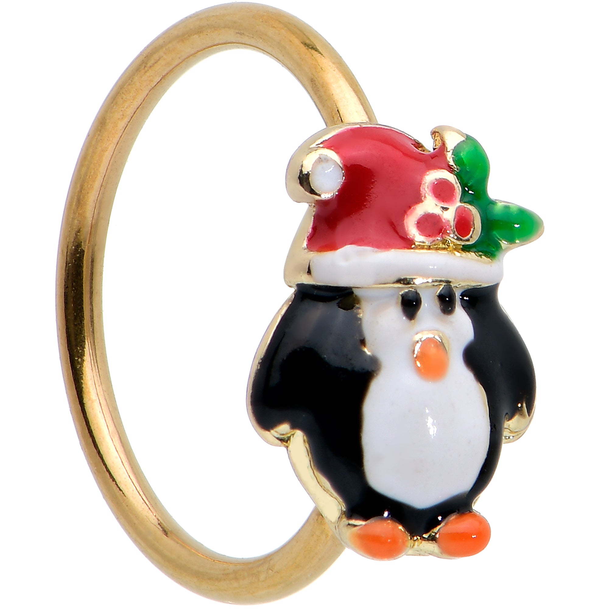 20 Gauge 5/16 Gold Tone Holly Hat Penguin Holiday Nose Hoop