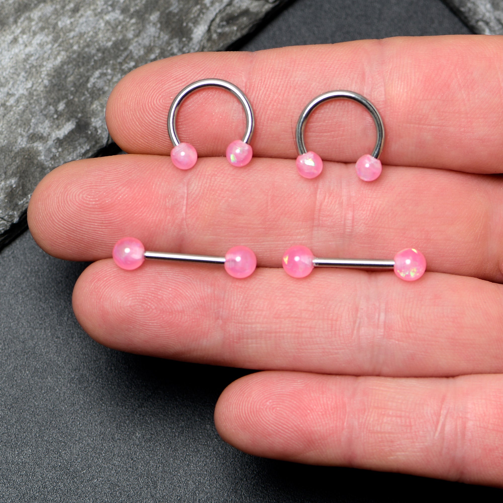 14 Gauge 3/8 9/16 Pink Faux Opal Horseshoe Barbell Nipple Ring Set of 4