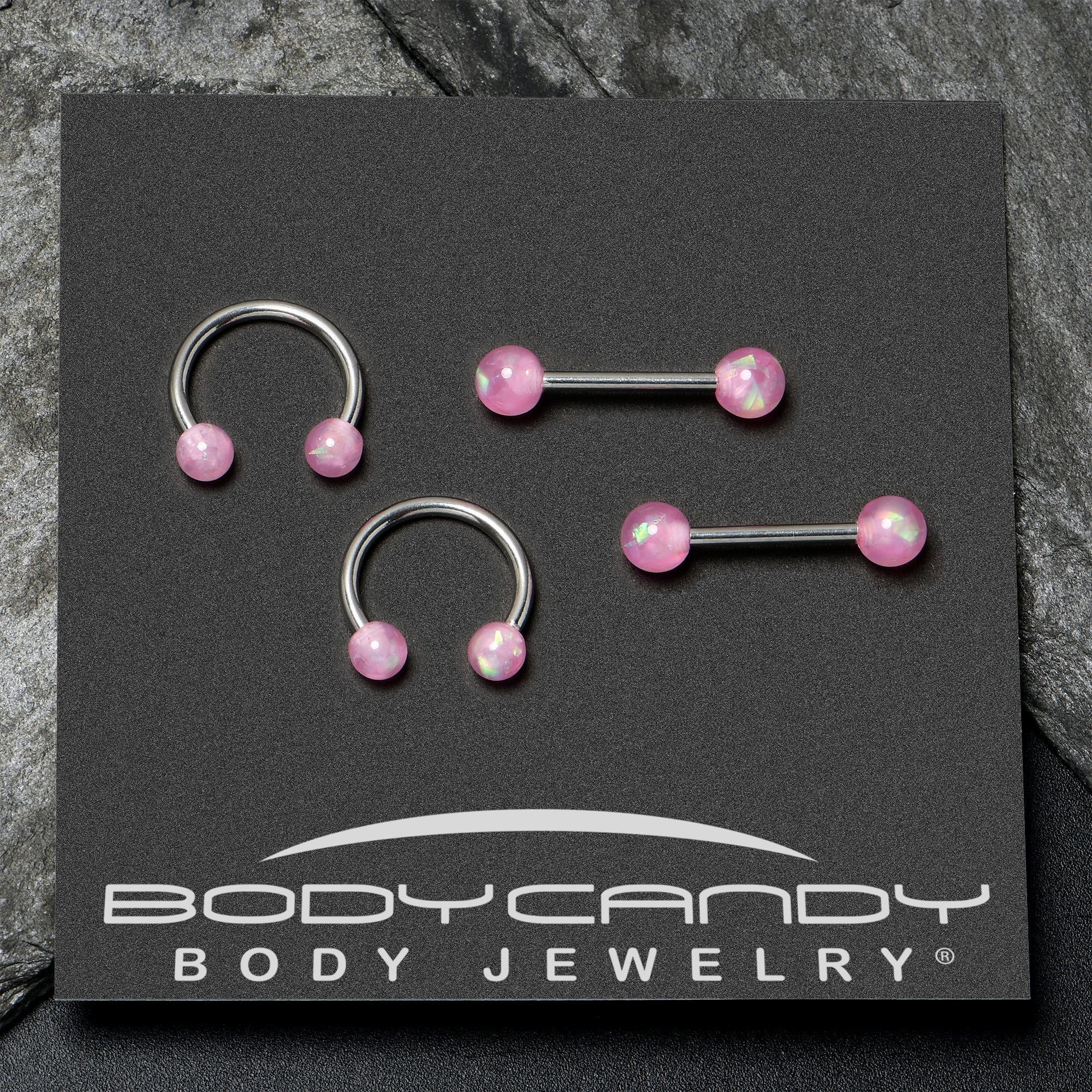 14 Gauge 3/8 9/16 Pink Faux Opal Horseshoe Barbell Nipple Ring Set of 4