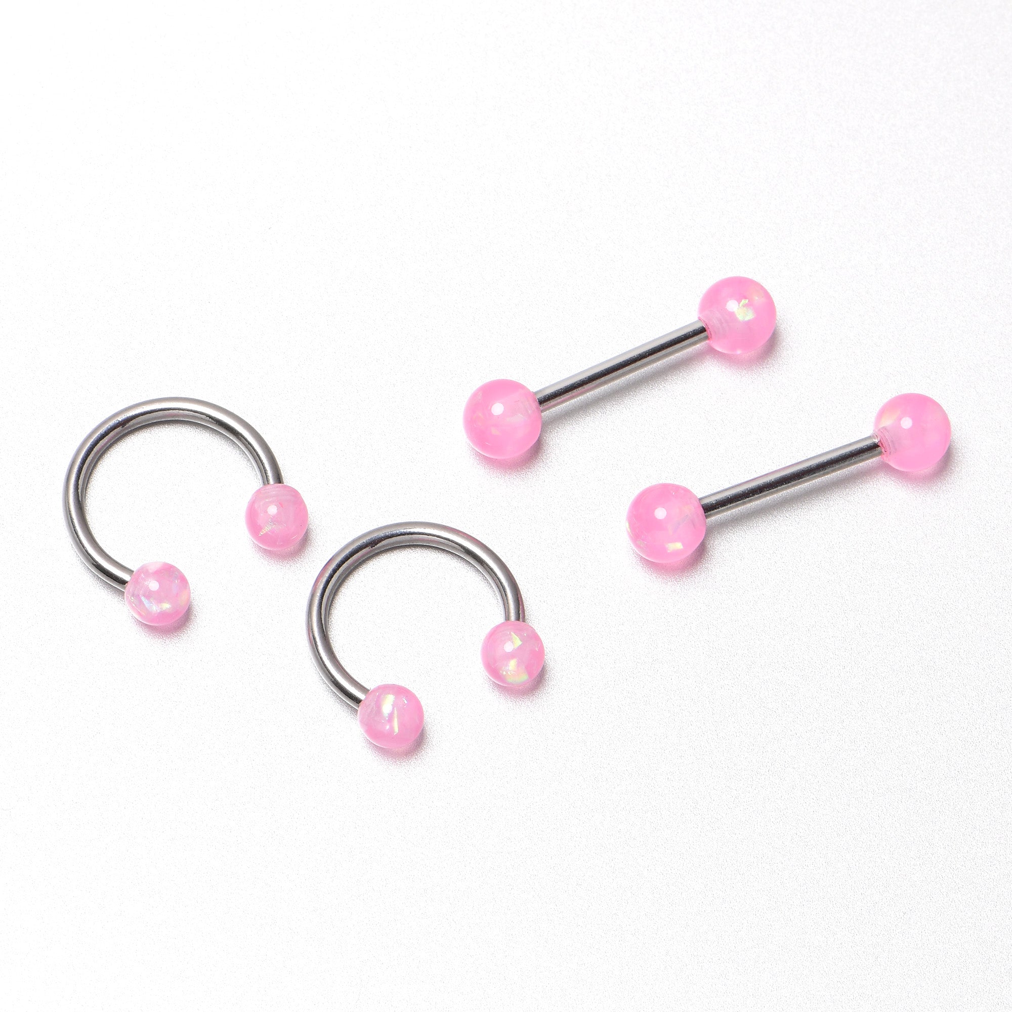 14 Gauge 3/8 9/16 Pink Faux Opal Horseshoe Barbell Nipple Ring Set of 4