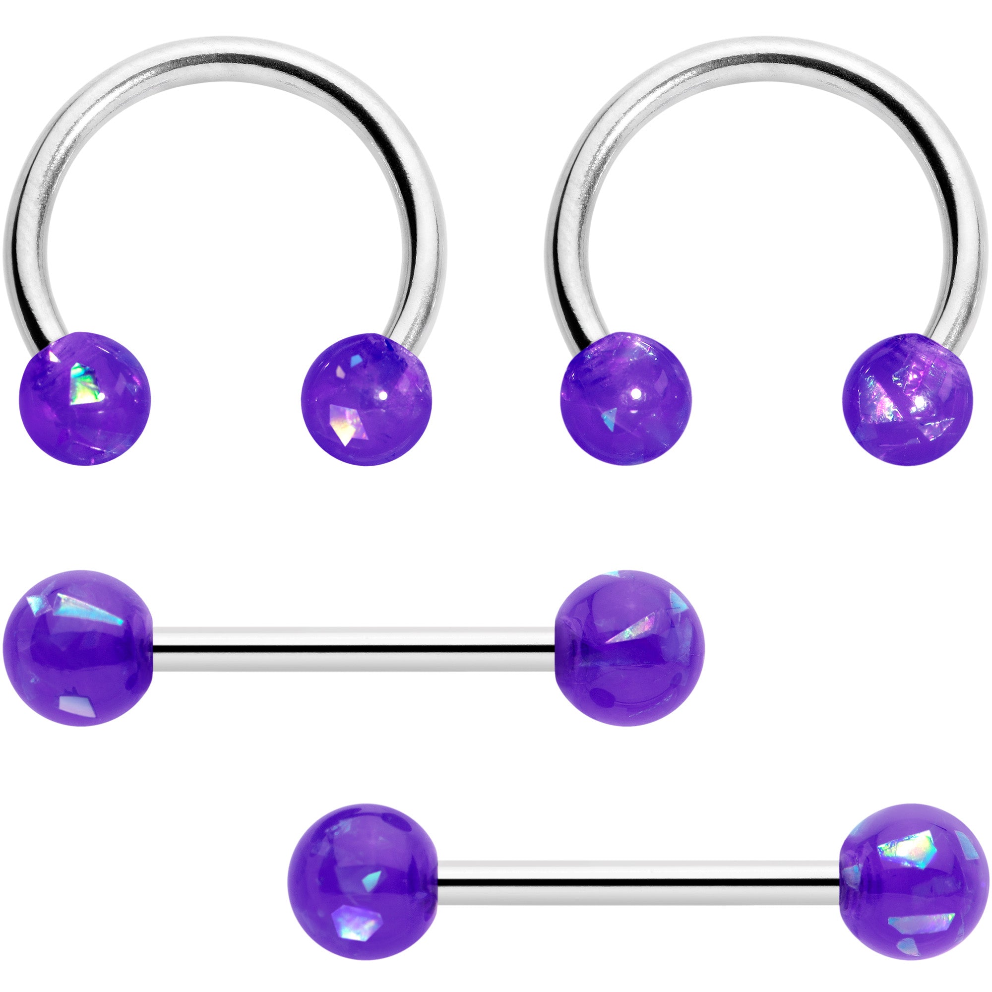 14 Gauge 9/16 Purple Faux Opal Horseshoe Barbell Nipple Ring Set of 4