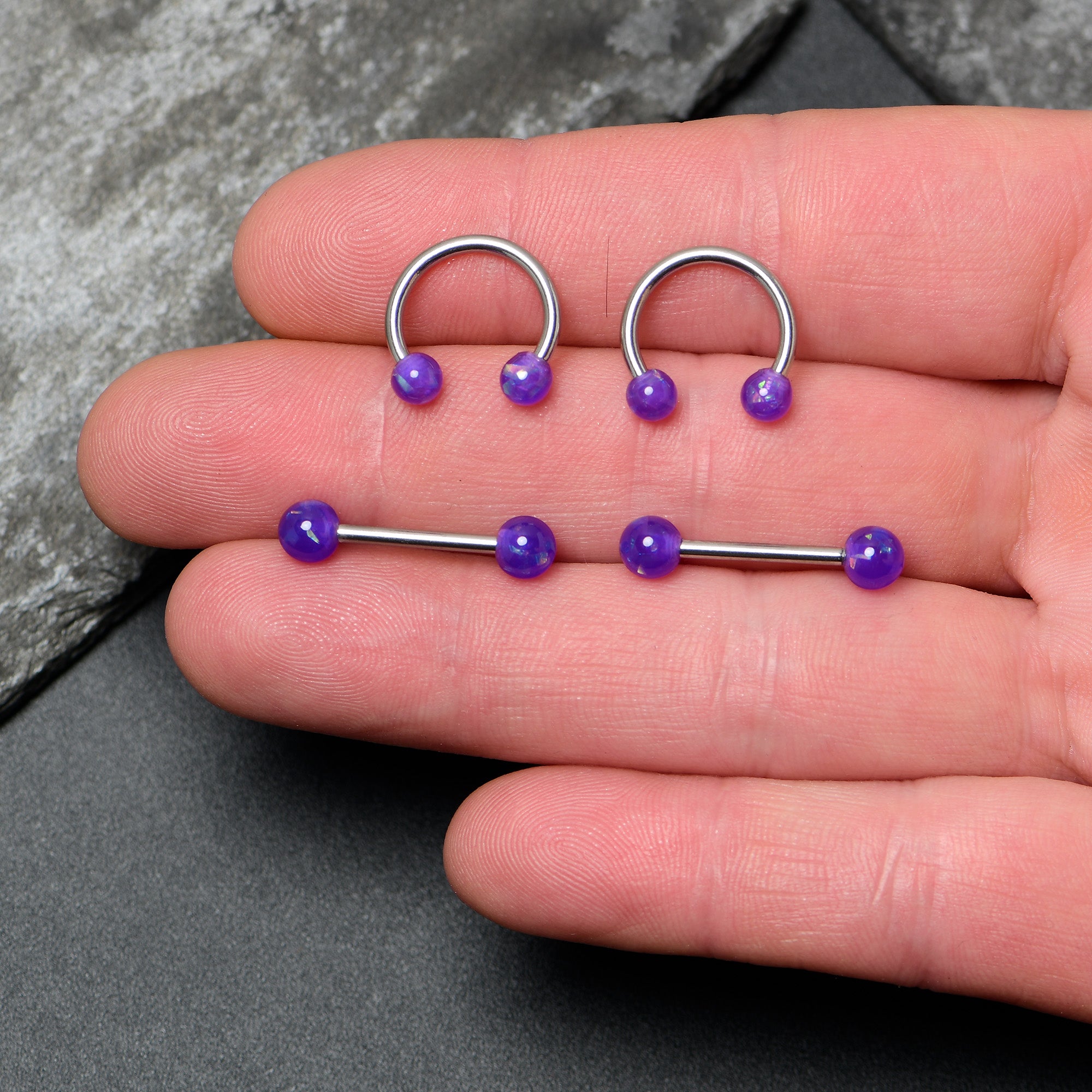 14 Gauge 9/16 Purple Faux Opal Horseshoe Barbell Nipple Ring Set of 4