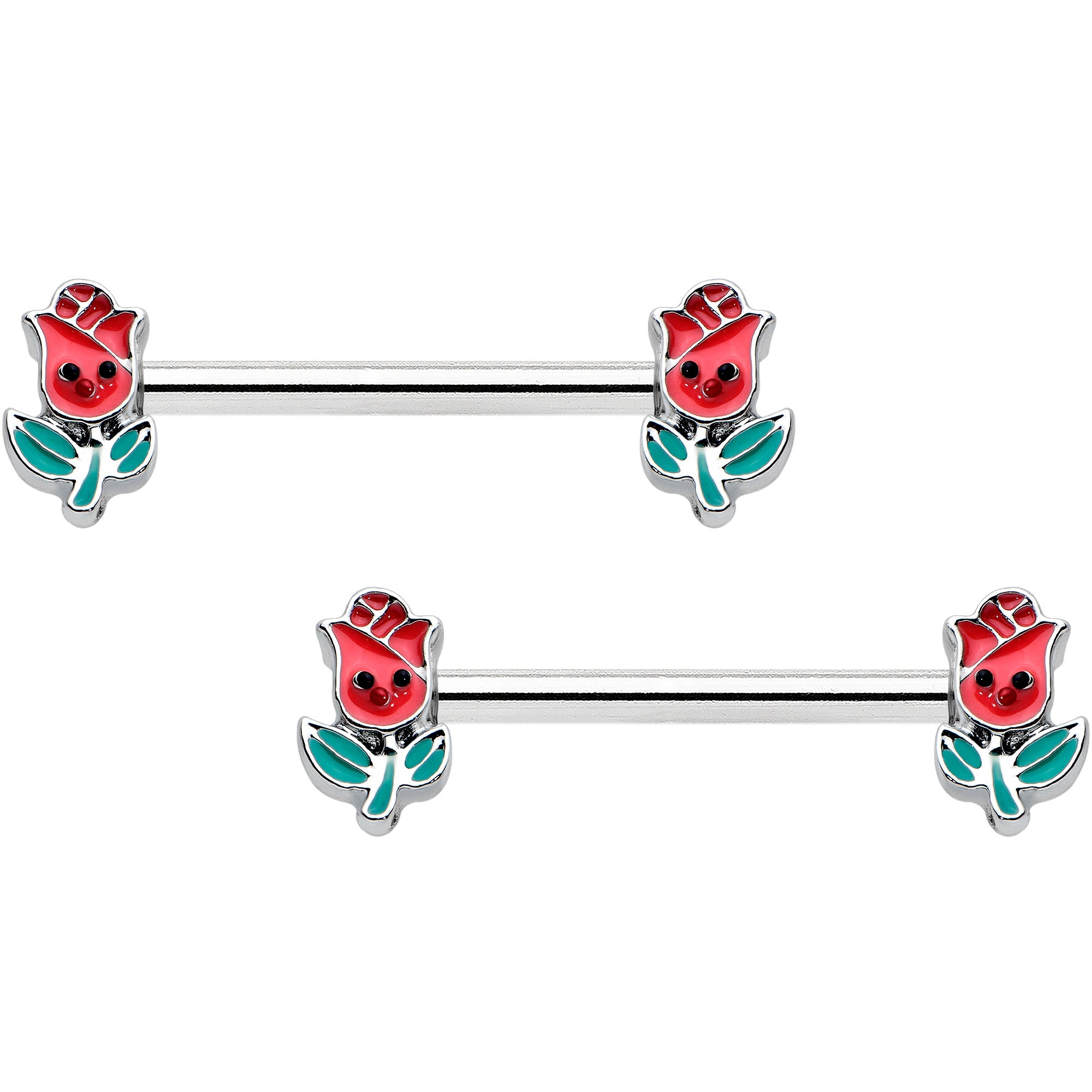 14 Gauge 9/16 Sweet Happy Rose Flower Barbell Nipple Ring Set