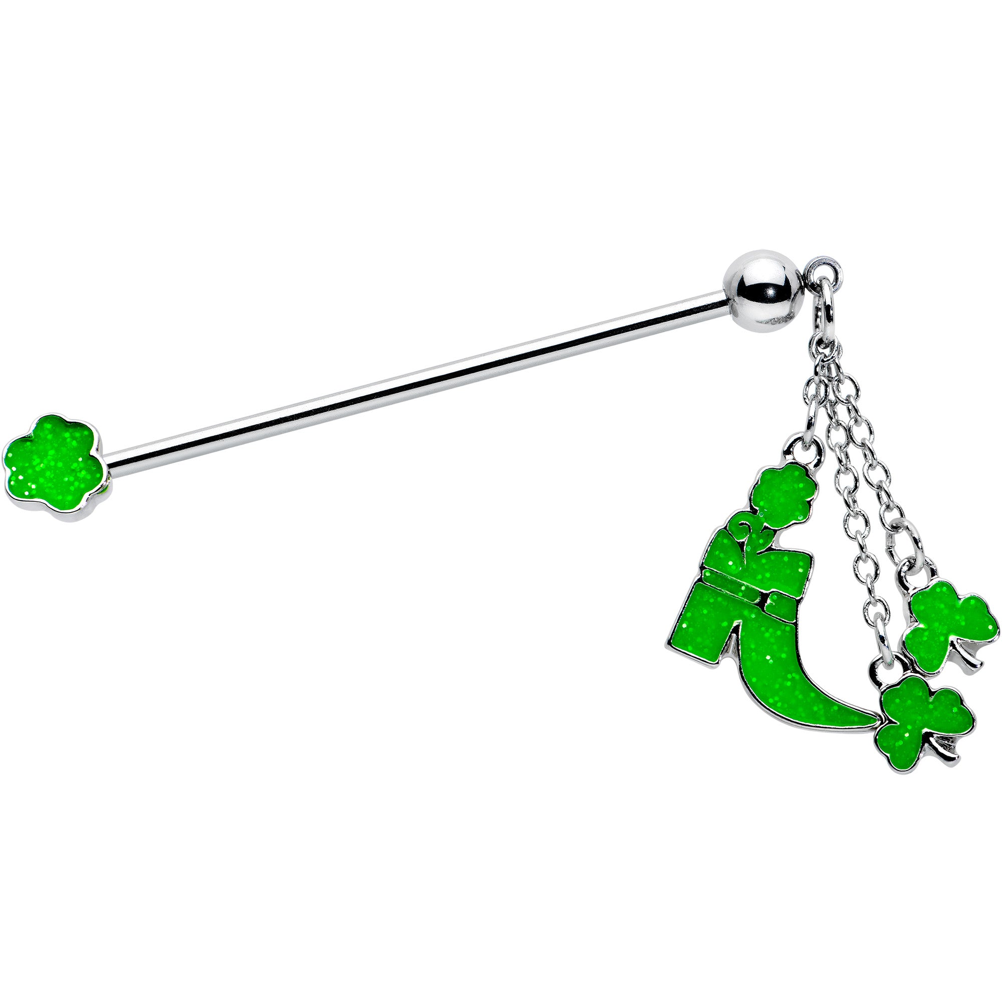 14 Gauge Glow in Dark Leprechaun Boot Dangle Industrial Barbell 38mm