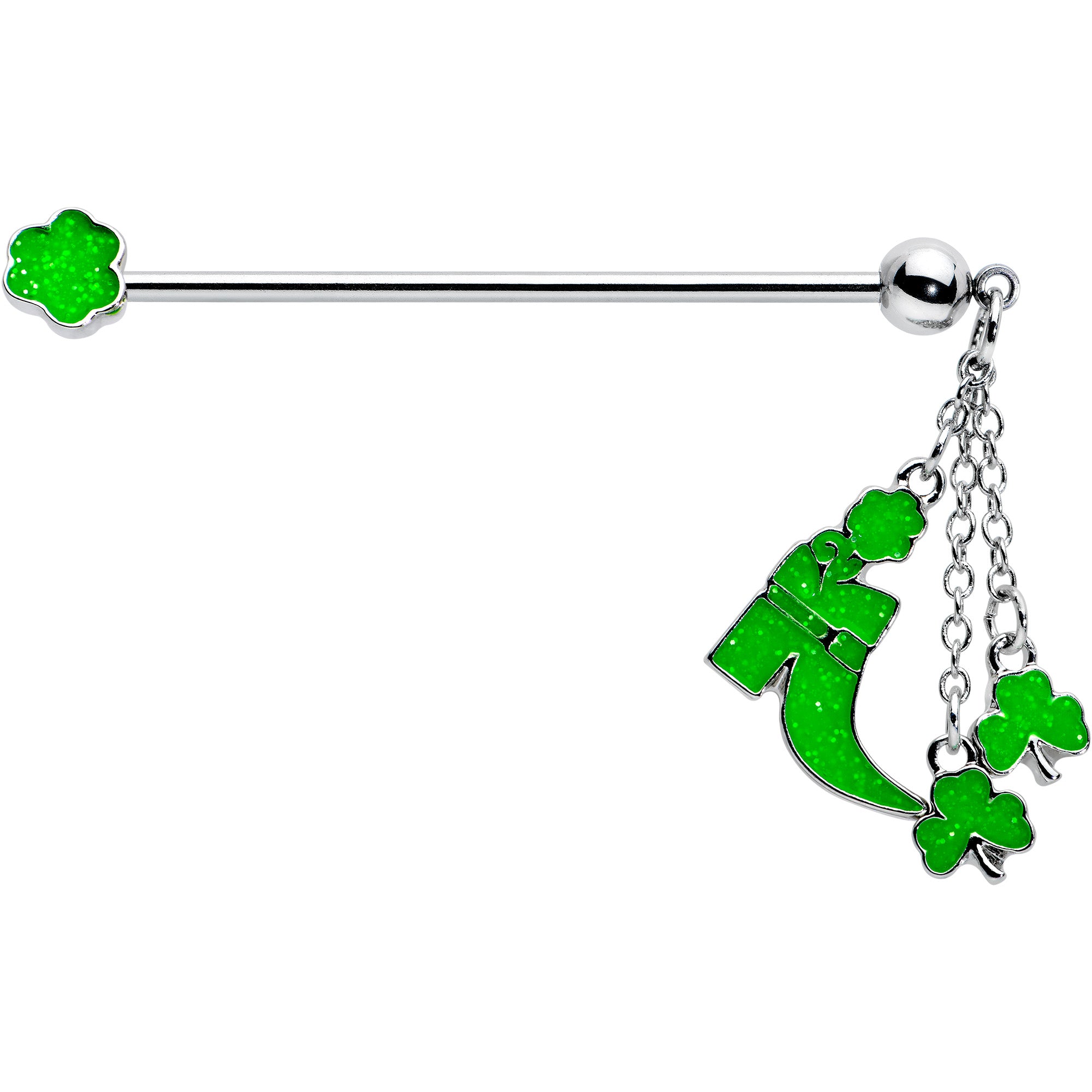 14 Gauge Glow in Dark Leprechaun Boot Dangle Industrial Barbell 38mm