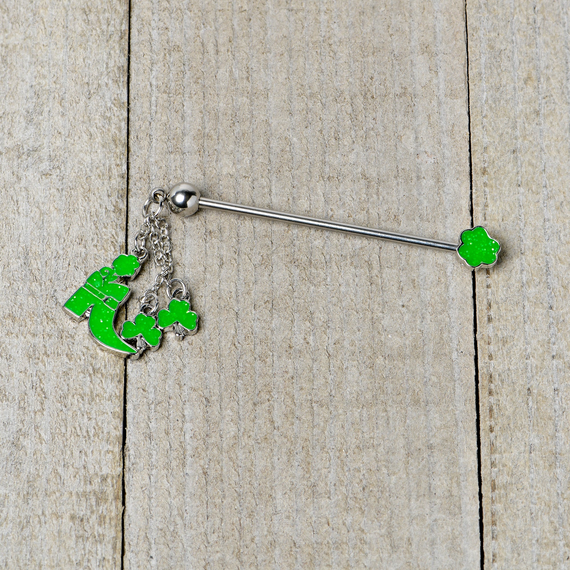 14 Gauge Glow in Dark Leprechaun Boot Dangle Industrial Barbell 38mm