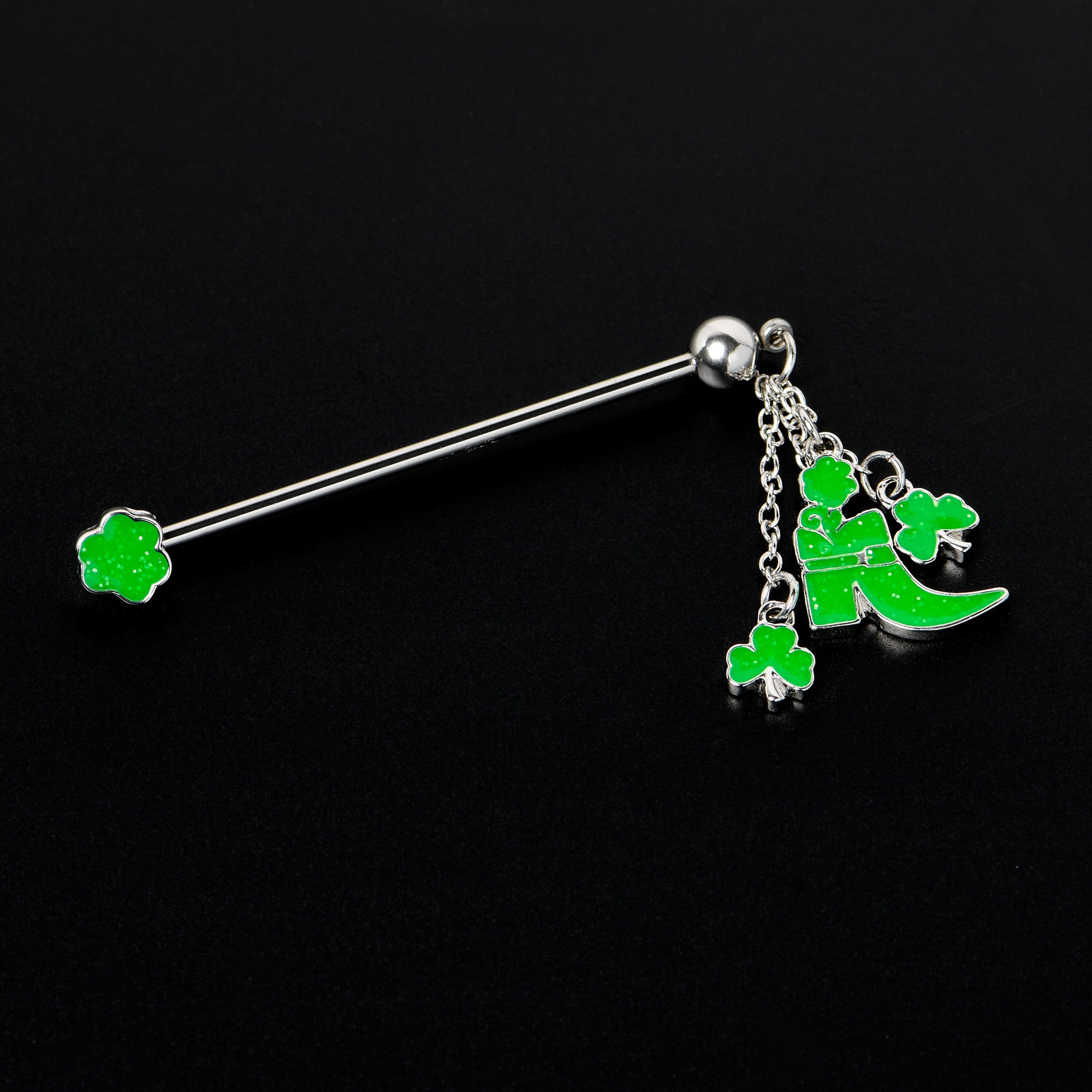 14 Gauge Glow in Dark Leprechaun Boot Dangle Industrial Barbell 38mm